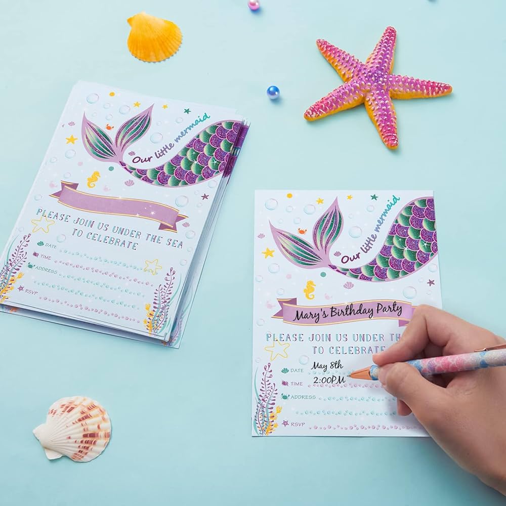 40 Inviti Compleanno Sirena Per Bambine - Doppia Faccia Viola - Foto 12