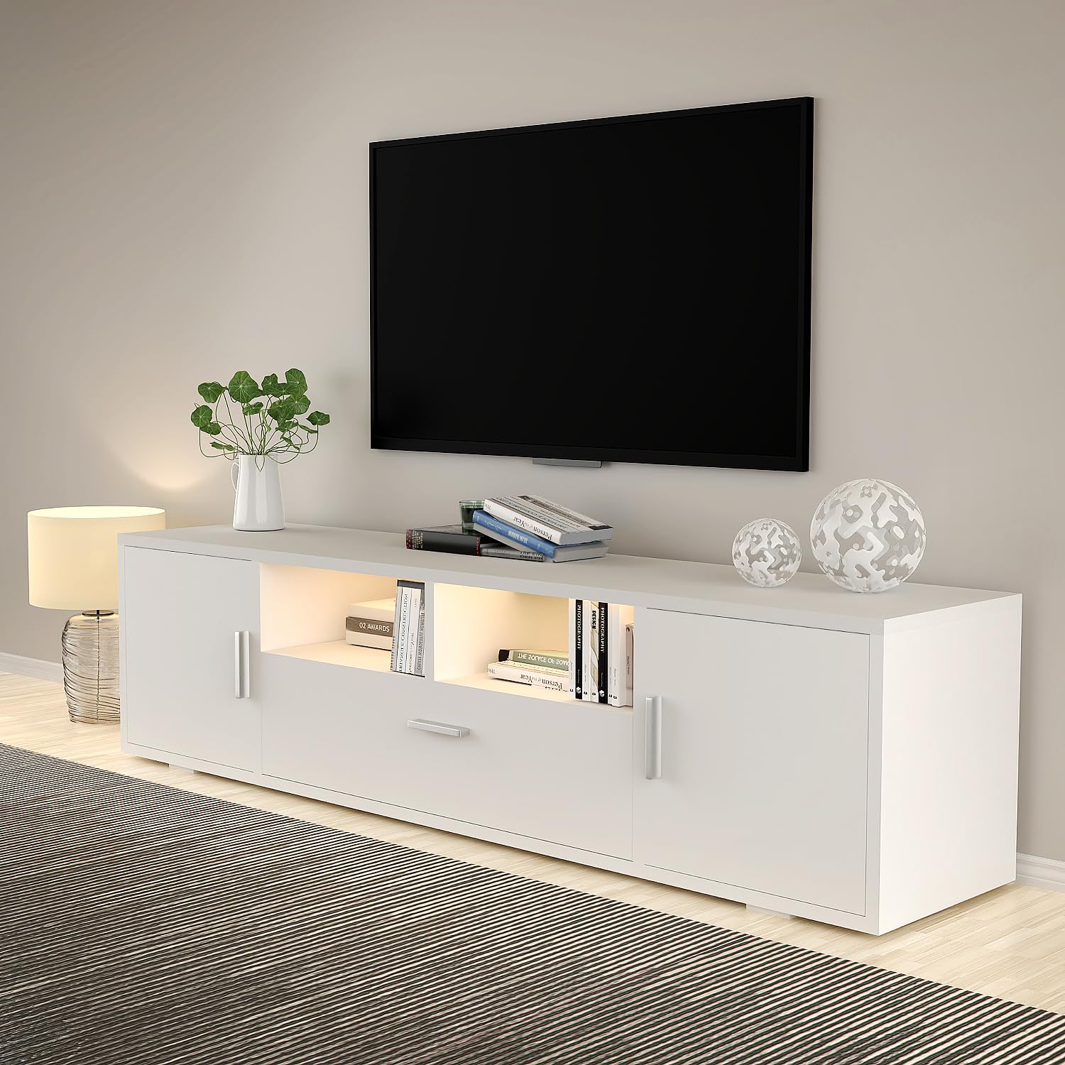 TV-Schrank LED, TV Lowboard mit Großem Stauraum, Fernsehtisch mit RGB LED-Beleuchtung, TV Board für Wohnzimmer Schlafzimmer, Weiß 160x 35 x 40 cm