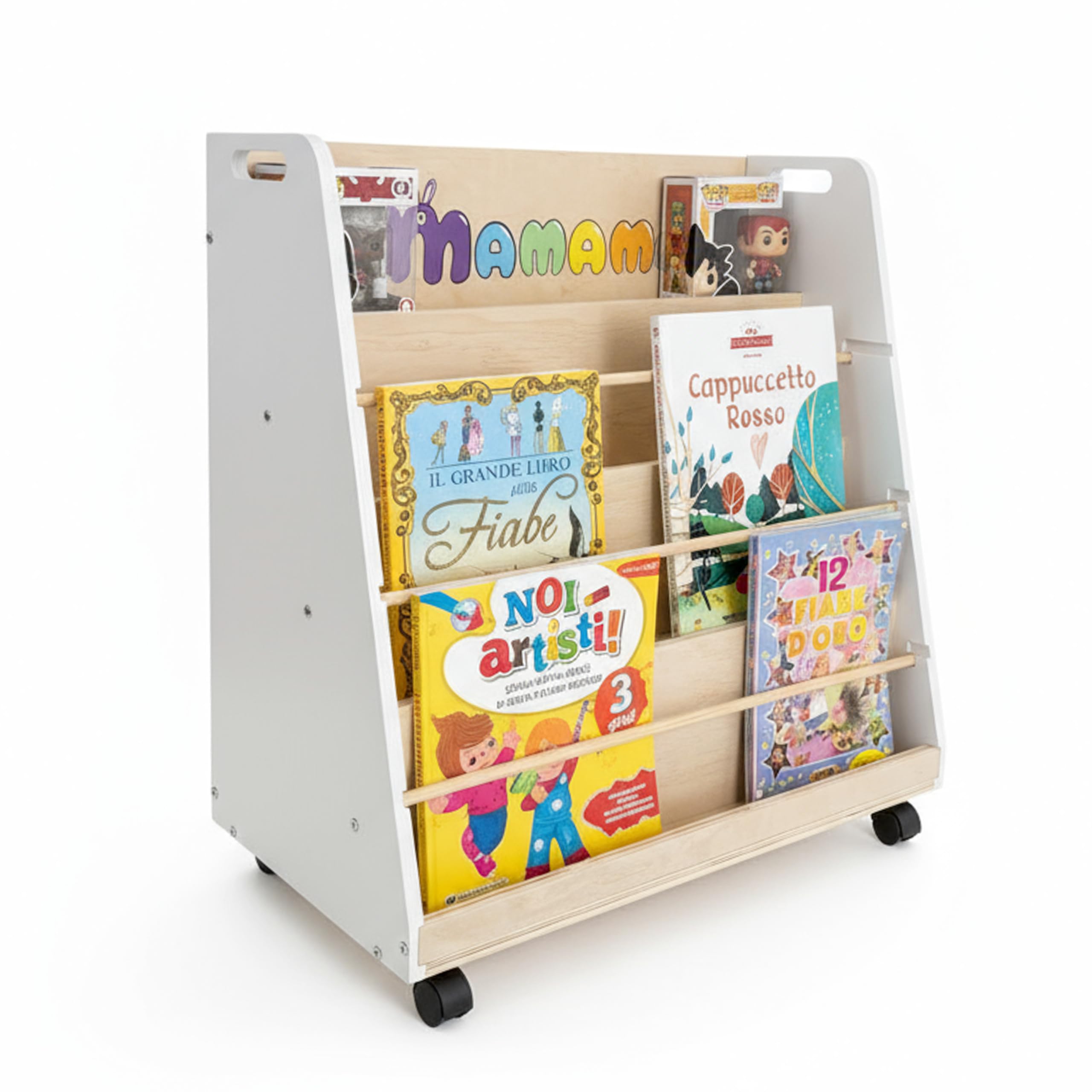 Libreria Montessoriana per Bambini,in Legno spessore 1.5 cm, 4 Ripiani Frontali e Vano Posteriore, Ruote Opzionali, 72x67x35 cm