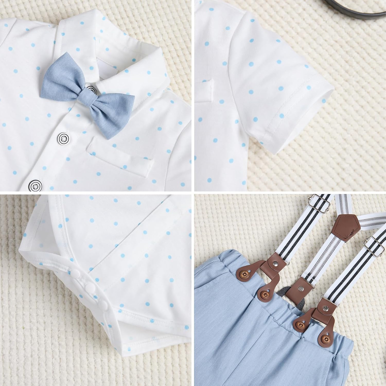 Baby Boy Clothes Gentleman Outfits Infant Bodysuit Short Sleeve Shirt with Bowtie Suspender Pants Suits Set 0-18M - Image 7