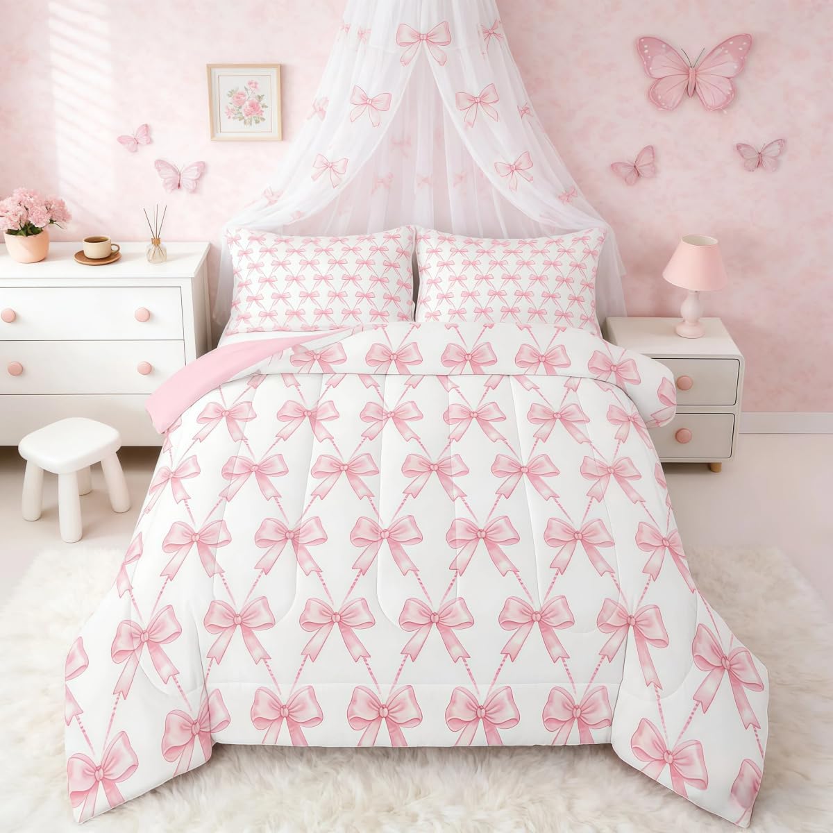 Feelyou Pink Bow Bedding Set Full Size Pink Girls Bow Comforter Set for Kids Women Ultra Soft Cute Bowknot Comforter Kawaii Princess Room Decor Bow and Stripes Quilt, 2 Pillowcase