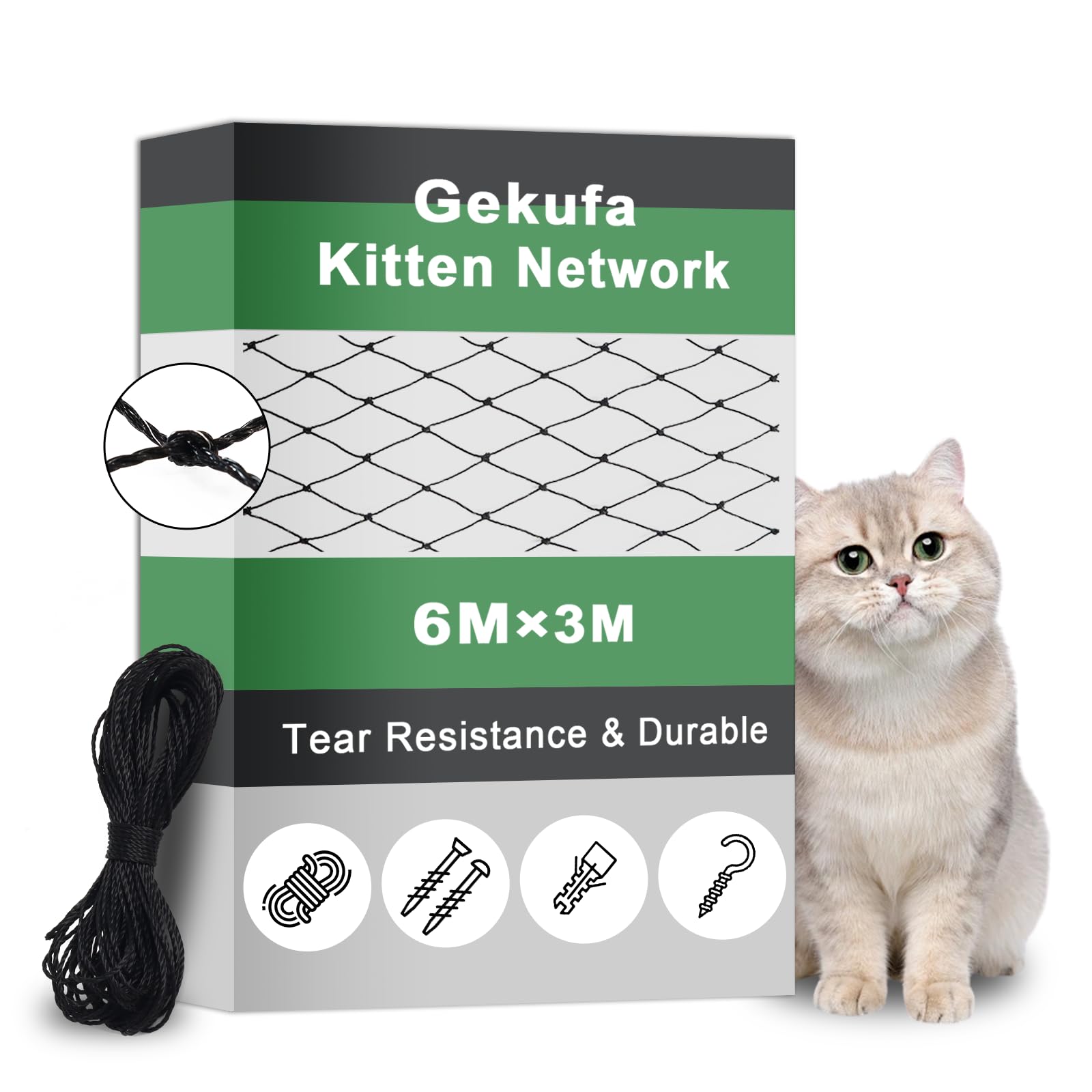 Red para Gatos terraza en Balcones, Red Reforzada Negra Metalica de 6x3m para protección de Gatos en Balcones, Red Duradera para protección de Gatos con 20m de Cuerda de fijación y Accesorios