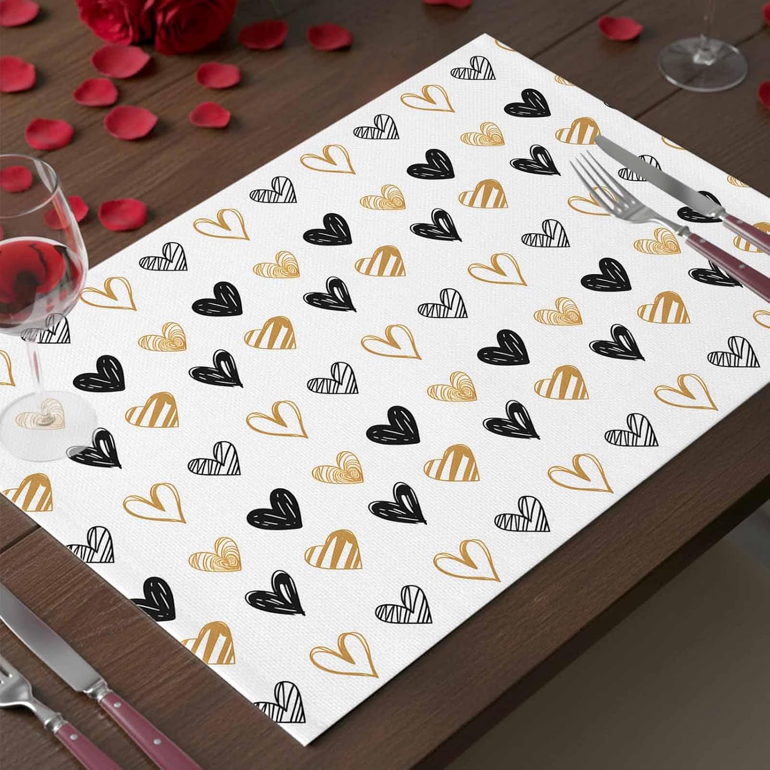 Valentines Placemats Set of 4 Simple Heart Shapes Table Mats, Romantic Decor Table Decoration for Kitchen Dining Table Stain Resistant Heat Insulation Non-Slip Washable