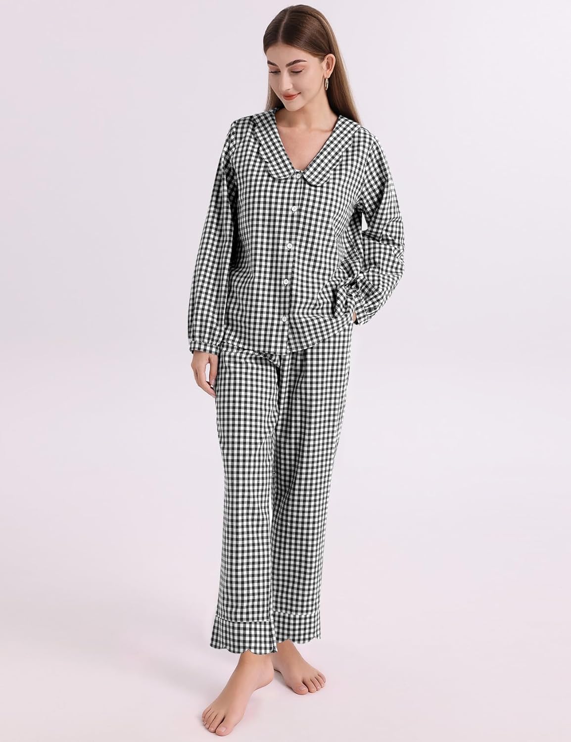 COZYPOIN Womens Gingham Pajama Sets Scalloped Collar Cotton Plaid Button Down Long Sleeve Shirt and Pants Y2K Lounge Set - Image 8