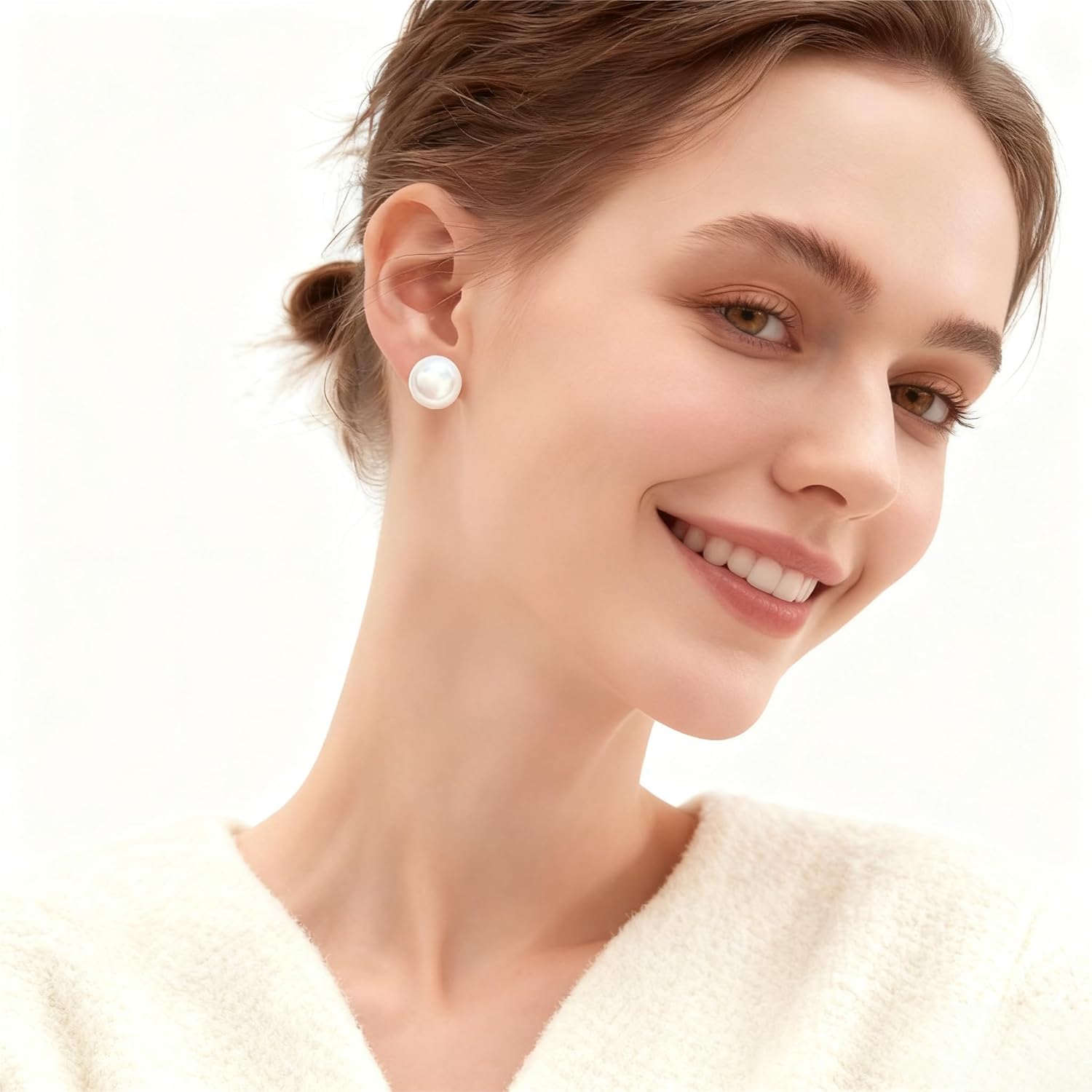 White Faux Pearl Stud Earrings, S925 Silver Posts Hypoallergenic for Women