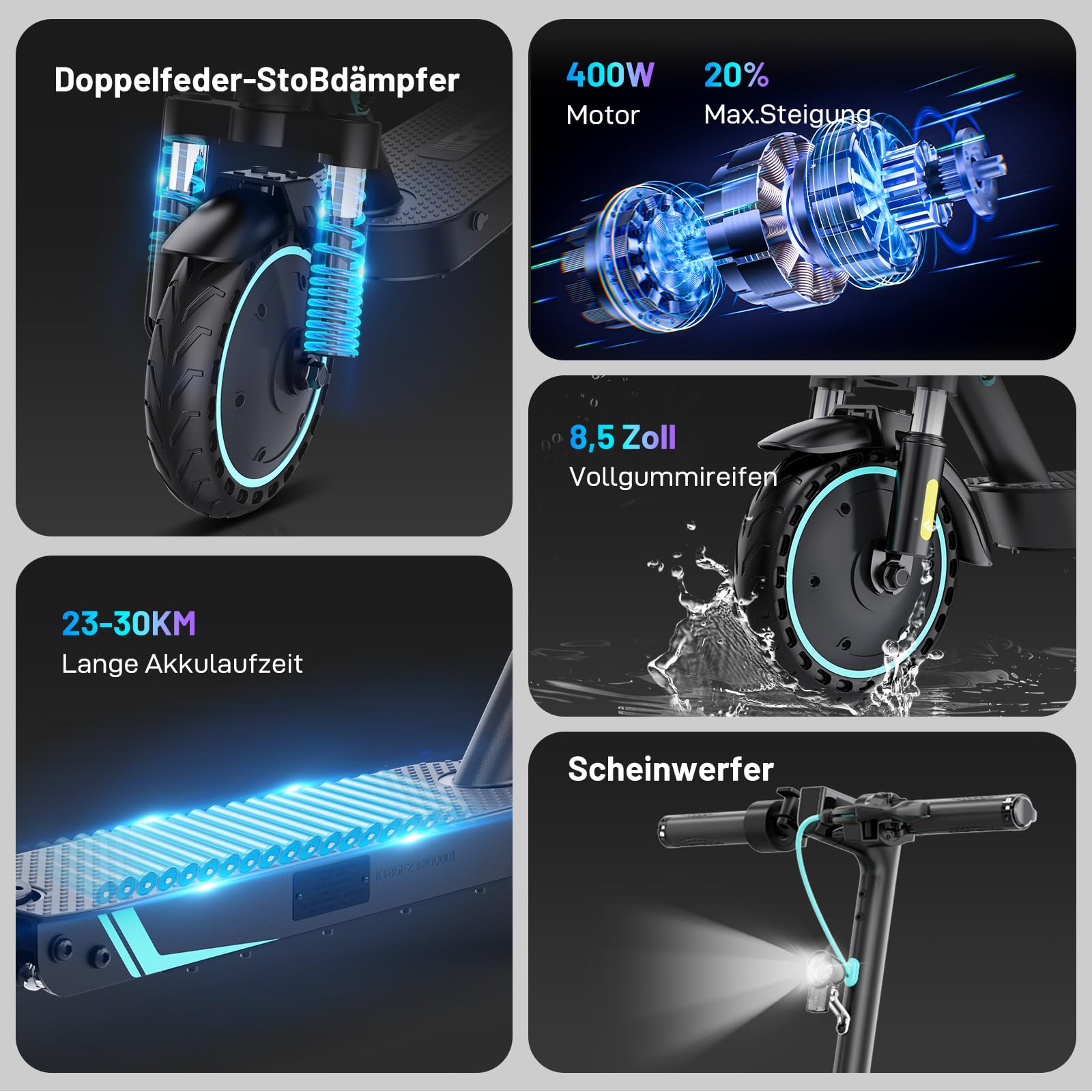 RCB E-Scooter mit Straßenzulassung (ABE), Elektroroller, 8,5-10 Zoll, 7,8Ah-11.4Ah Akku, 400W Motor, 23-40 km Reichweite, Faltbarer e Roller, APP-Steuerung, Doppelbremse, Doppelstoßdämpfer