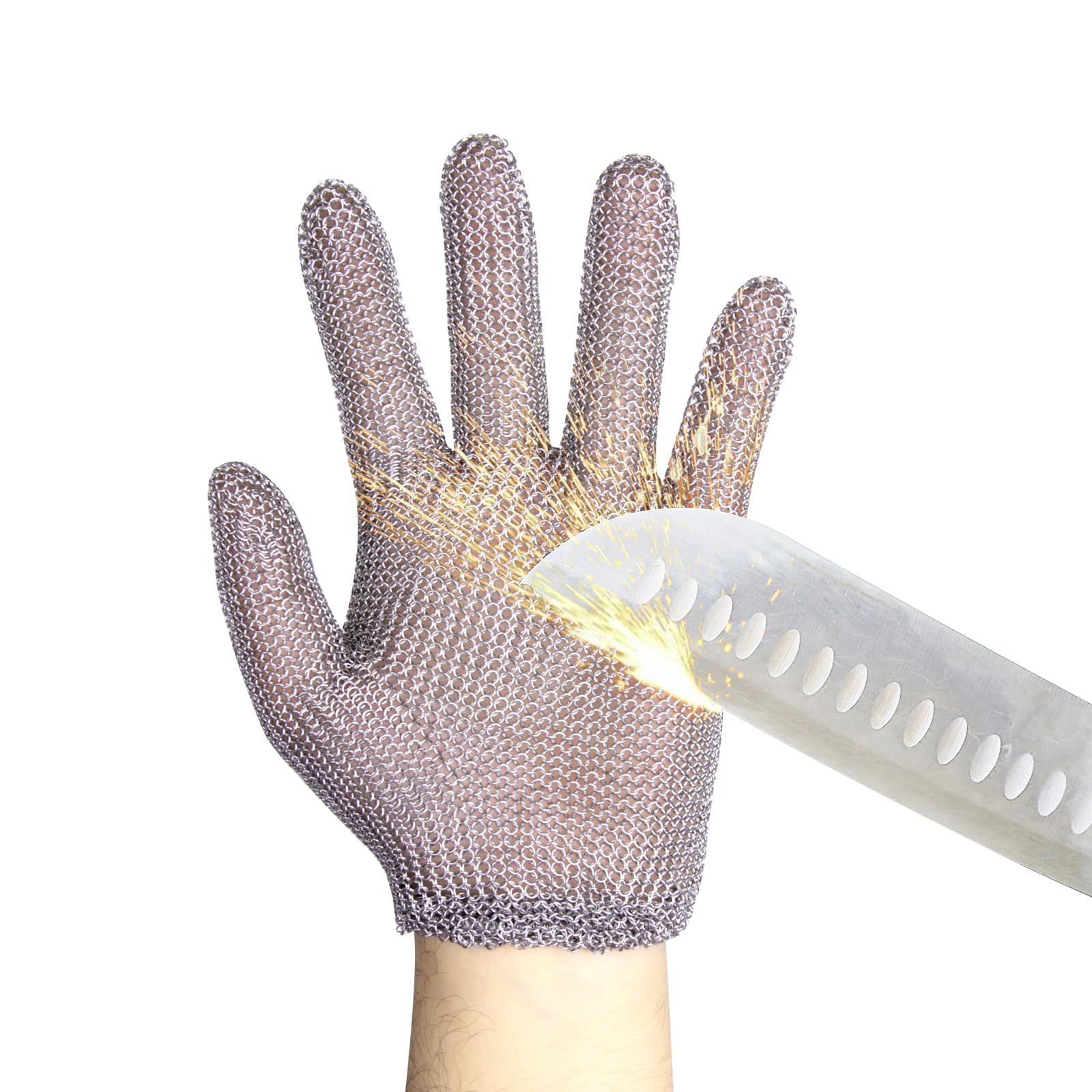 Gants anti-coupures en acier inoxydable avec dragonne à ressort - Convient pour les bouchers et les cuisiniers - Gants de sécurité pour la cuisine et la transformation des aliments (S)