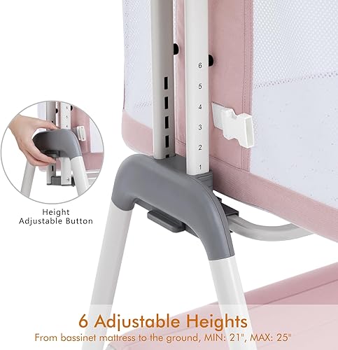 Miniatura 5 de ANGELBLISS Moisés para bebé junto a la cama, cuna portátil de plegado fácil para bebé niña con ruedas, altura ajustable, colchón incluido (rosa)