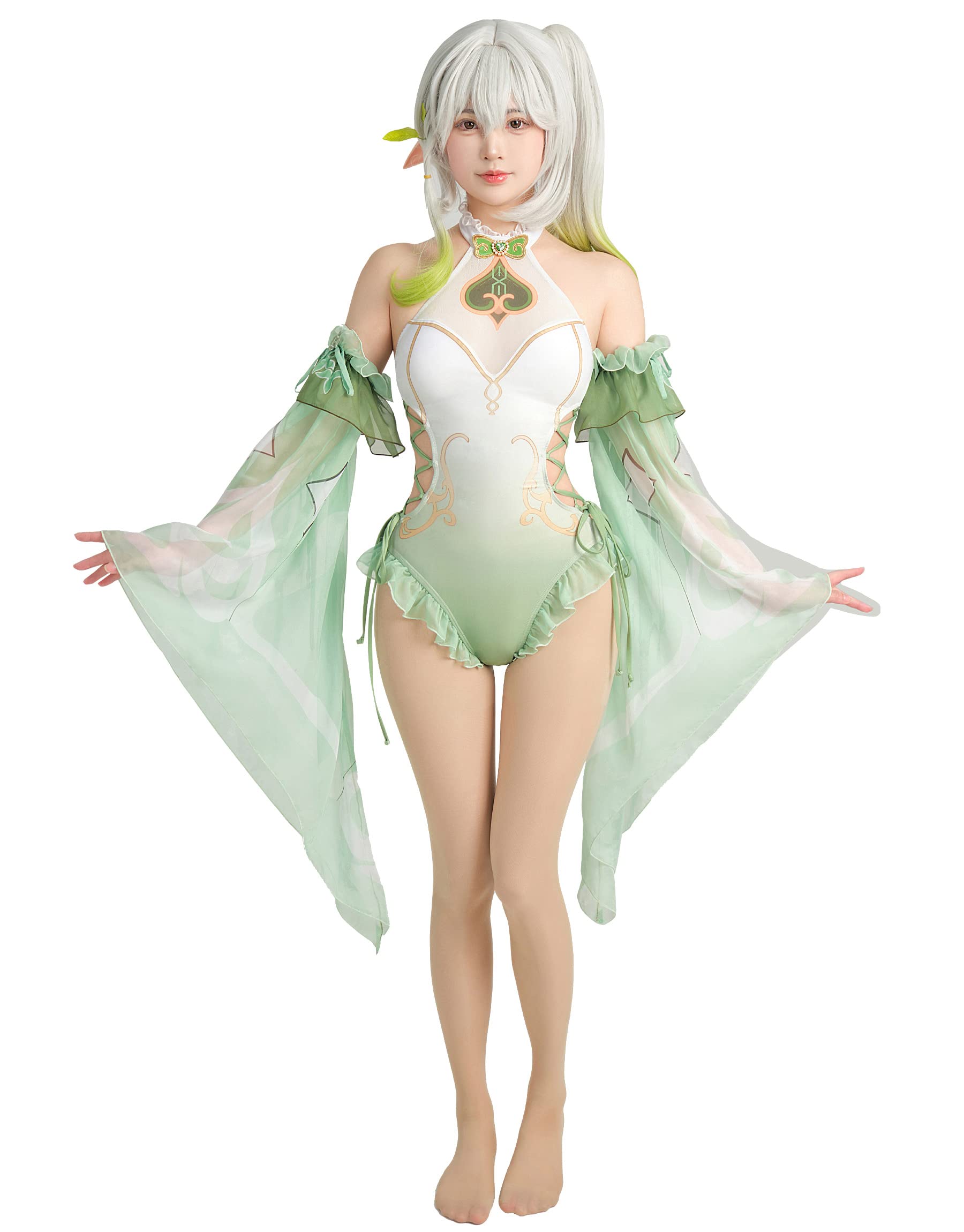 Haikyuu Women's Green Anime Derivative One Piece Swimsuit Halter Side Lace Up Swimwear Bodysuit Bathing Suit With Sleeves, Large