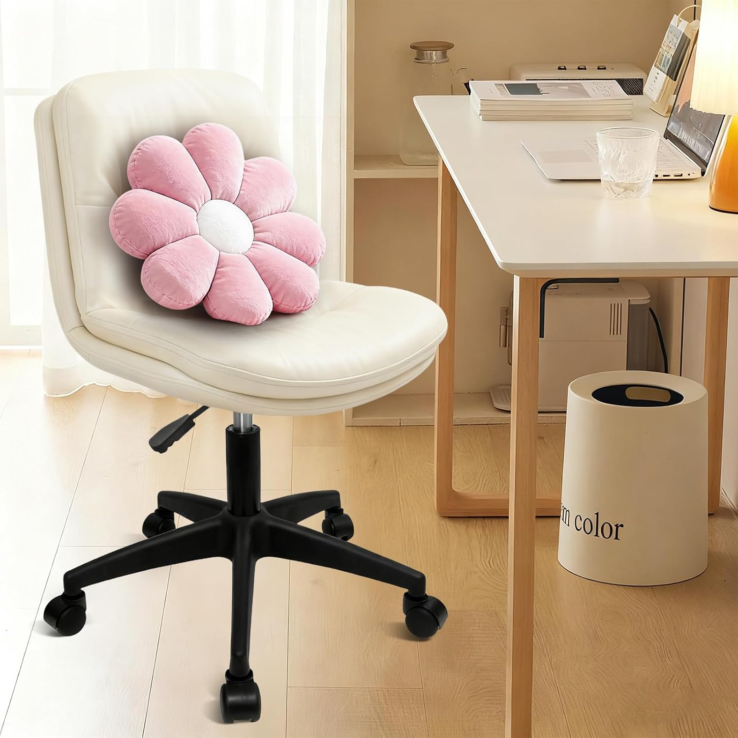 Drafting Chair with Backrest, Armless Ergonomic Computer Standing Desk Office Chair with Lumbar Support, PU Leather Adjustable Height Swivel Stool for Office Spa Studio Lab Counter Salon Home, Beige