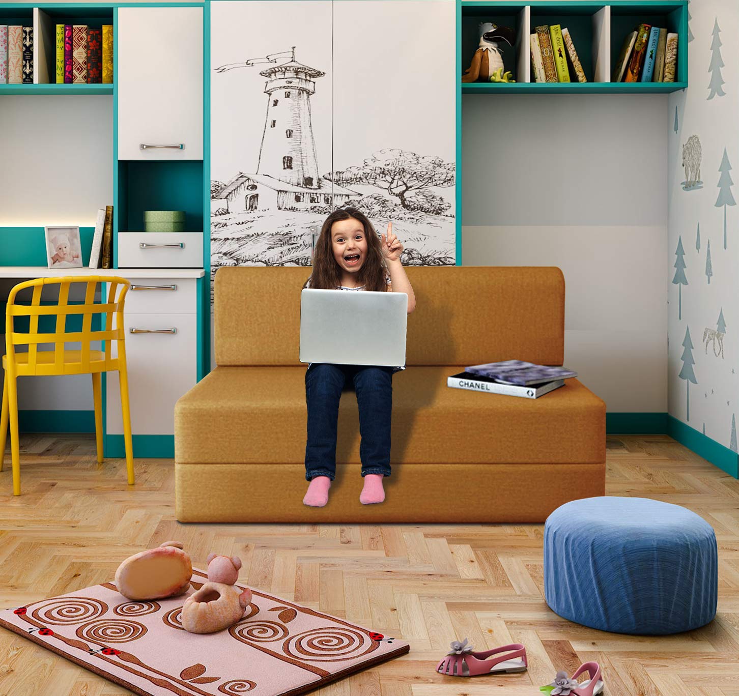 Aart Store (4x6) Feet High-Density Foam Sofa Cums Bed for Home Two Seater (Golden)