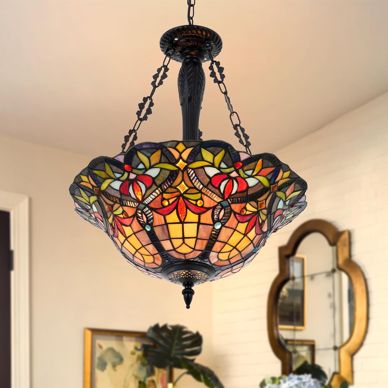 Stained Glass Tiffany Pendant Light Fixture 3-Lights 18 Inch Inverted Ceiling Pendant Lights for Bedroom Dining Living Room Entryway Foyer (Chandelier 18 Inch)