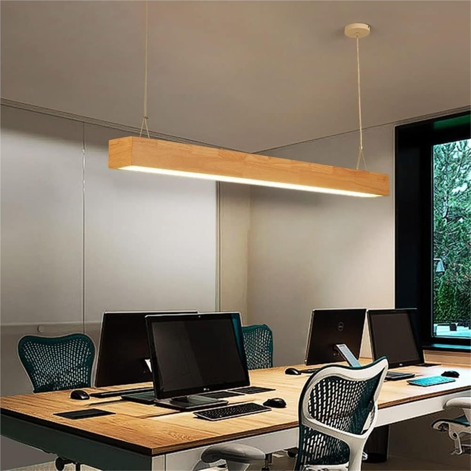 Wood Long Strip Light Modern Simple Linear Hanging Lamp Kitchen Island Led Chandelier Height Adjustable for Dining Room(Warm Light)/Warm Light