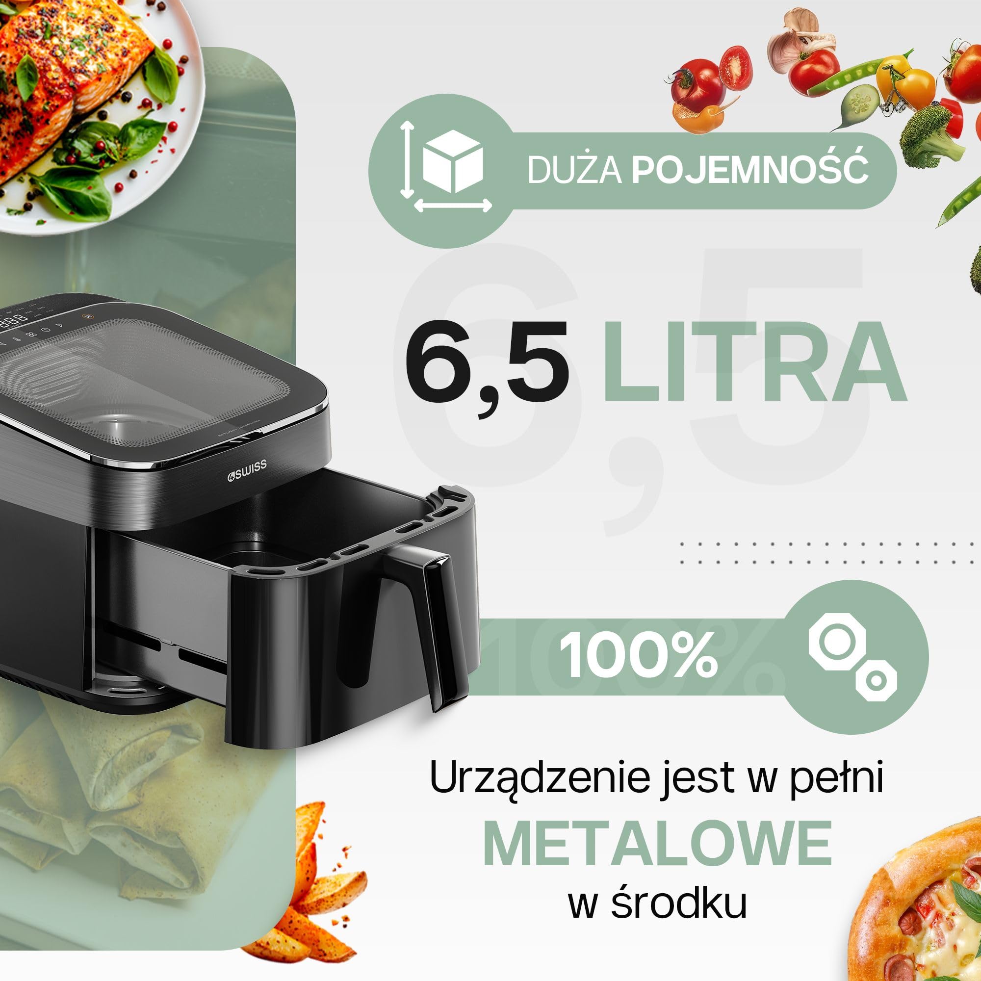 4SWISS Frytkownica Beztłuszczowa 6,5L z Okienkiem, Air Fryer XL 1700W, 12 Programów, Nagrzewanie 180°C w 1,44min, Łatwy w Czyszczeniu, Energooszczędny (ABB-025 Skylight)