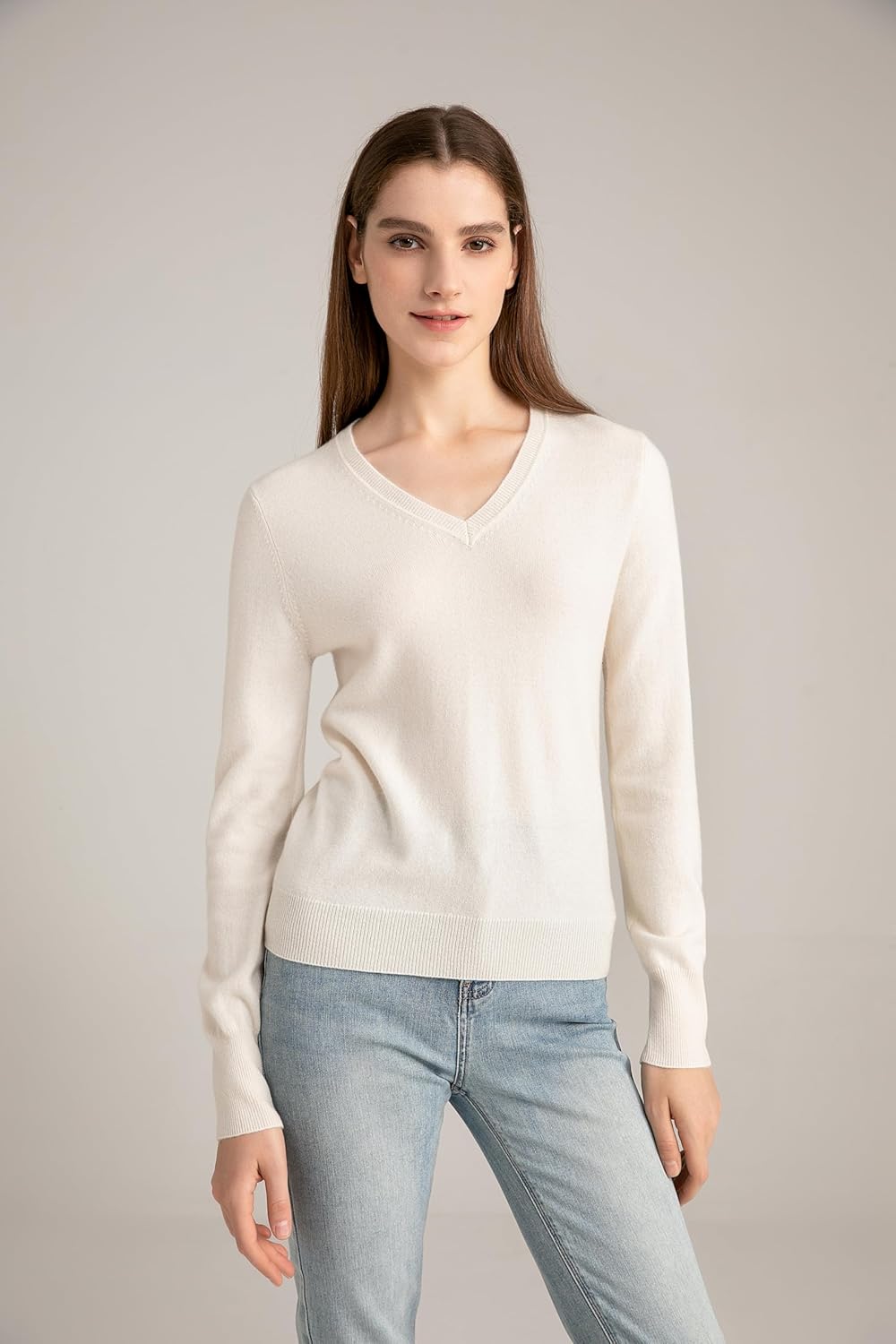 State Cashmere Women’s Essential V-Neck Sweater 100% Pure Cashmere Classic Long Sleeve Pullover - Image 2