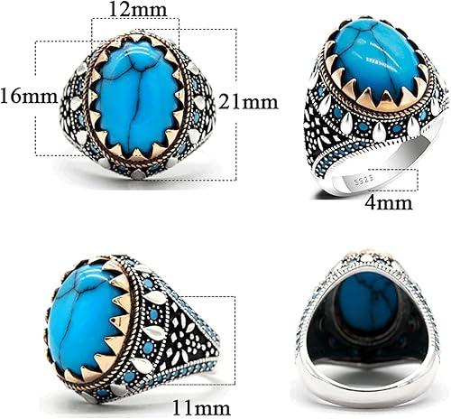 Miniatura 6 de AROTOROM Retro Turquoise Ring for Men in 925 Sterling Silver Oval Sky Blue Stone Ring Life Track Significance Turkish Handmade Engraved Silver Ring