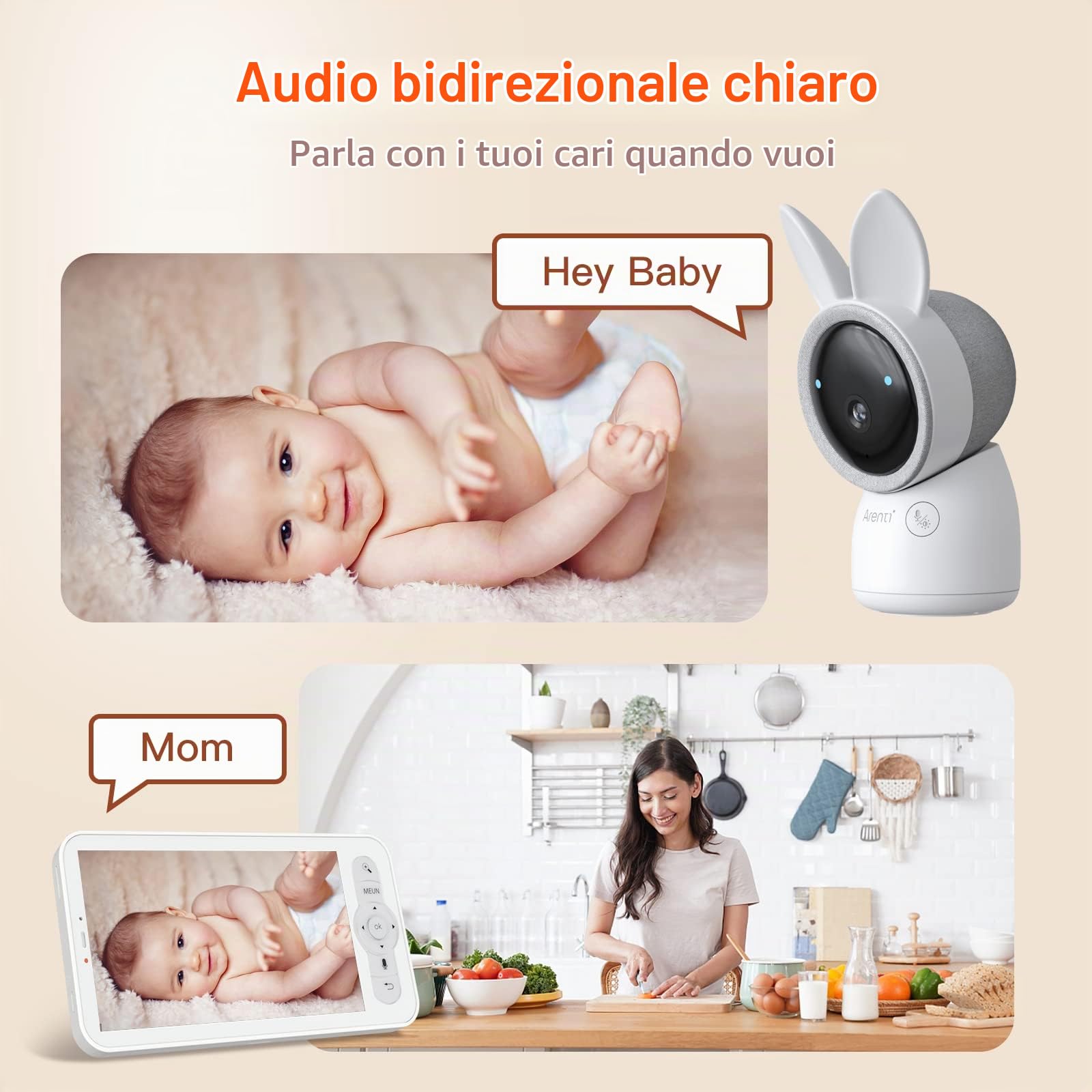 ARENTI Baby Monitor WiFi 5G, Telecamera per Bambini a Doppia Banda 2.4G e 5G, HD da 4 MP per Video Cristallini, Anti-interferenza e Trasmissione più Veloce, Audio a 2 vie, Visione Notturna
