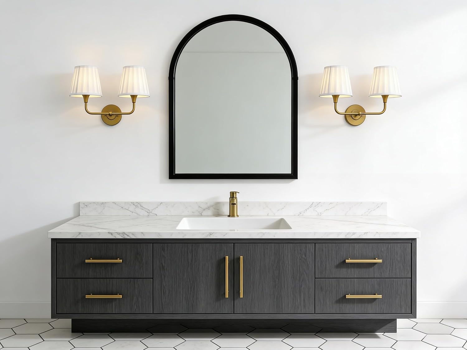 Yosoan 2-Light Brass White Pleated Fabric Shade Wall Sconce, White Pleated Cup Funnel Shade, Vanity Vintage Industrial Hardwired Indoor Boho Gold Wall Mounted for Kitchen Fireplace Staircase(Antique)