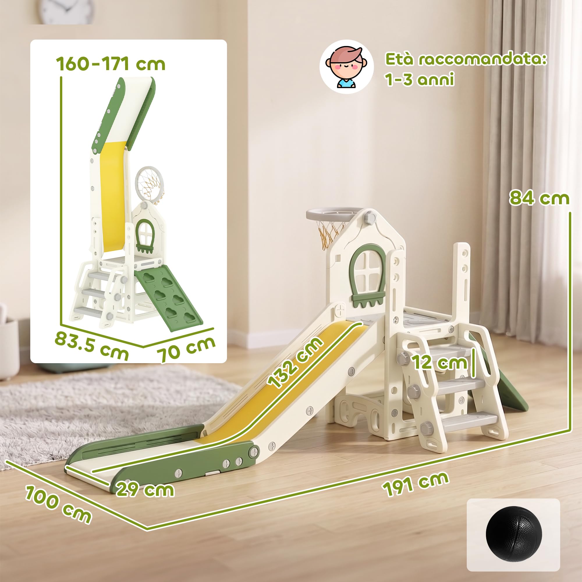 AIYAPLAY 4 in 1 Scivolo per Bambini 1-3 Anni in HDPE 191x100x84 cm Crema | Arrampicata, Canestro, Spazio Portaoggetti, Gradini Antiscivolo, Pallone, Carico Massimo 25kg