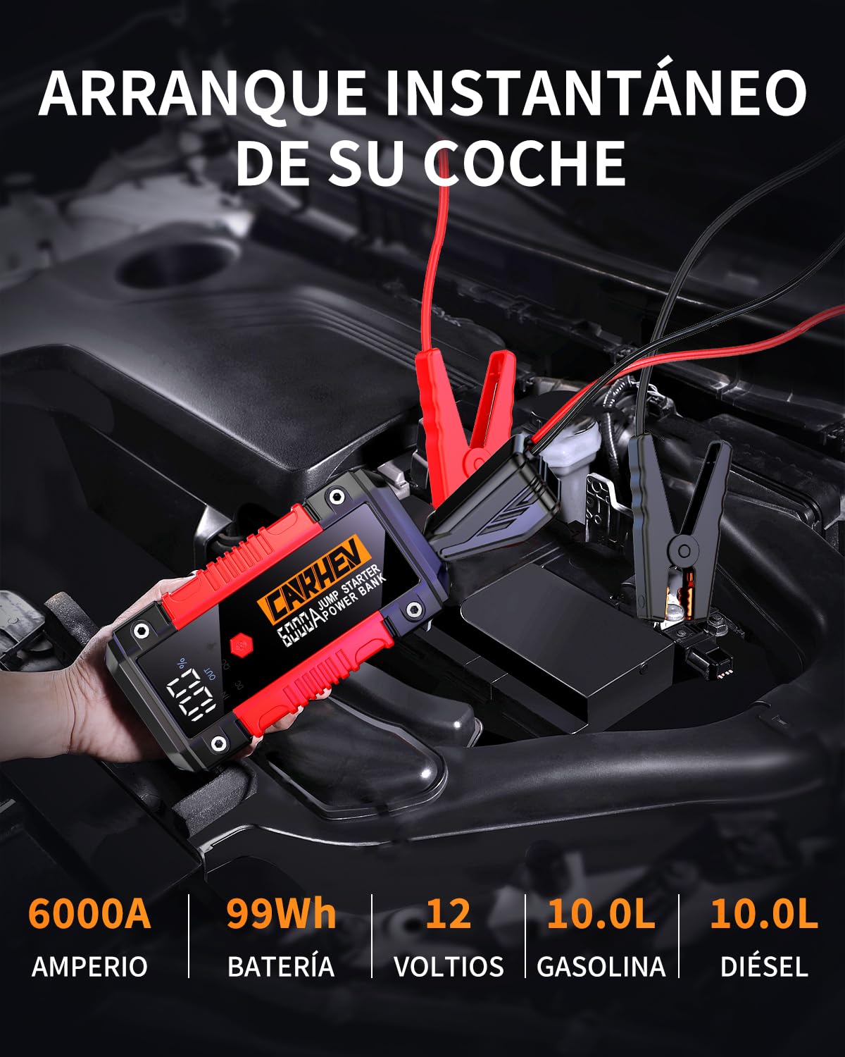 CARHEV Arrancador de Coches 6000A, 26800mAh Arrancador de Baterias de Coches (para 10.0L de Gasolina o 10.0L de Diésel) 12V Portable Jump Starter con Linterna LED, Clips de Seguridad Inteligentes
