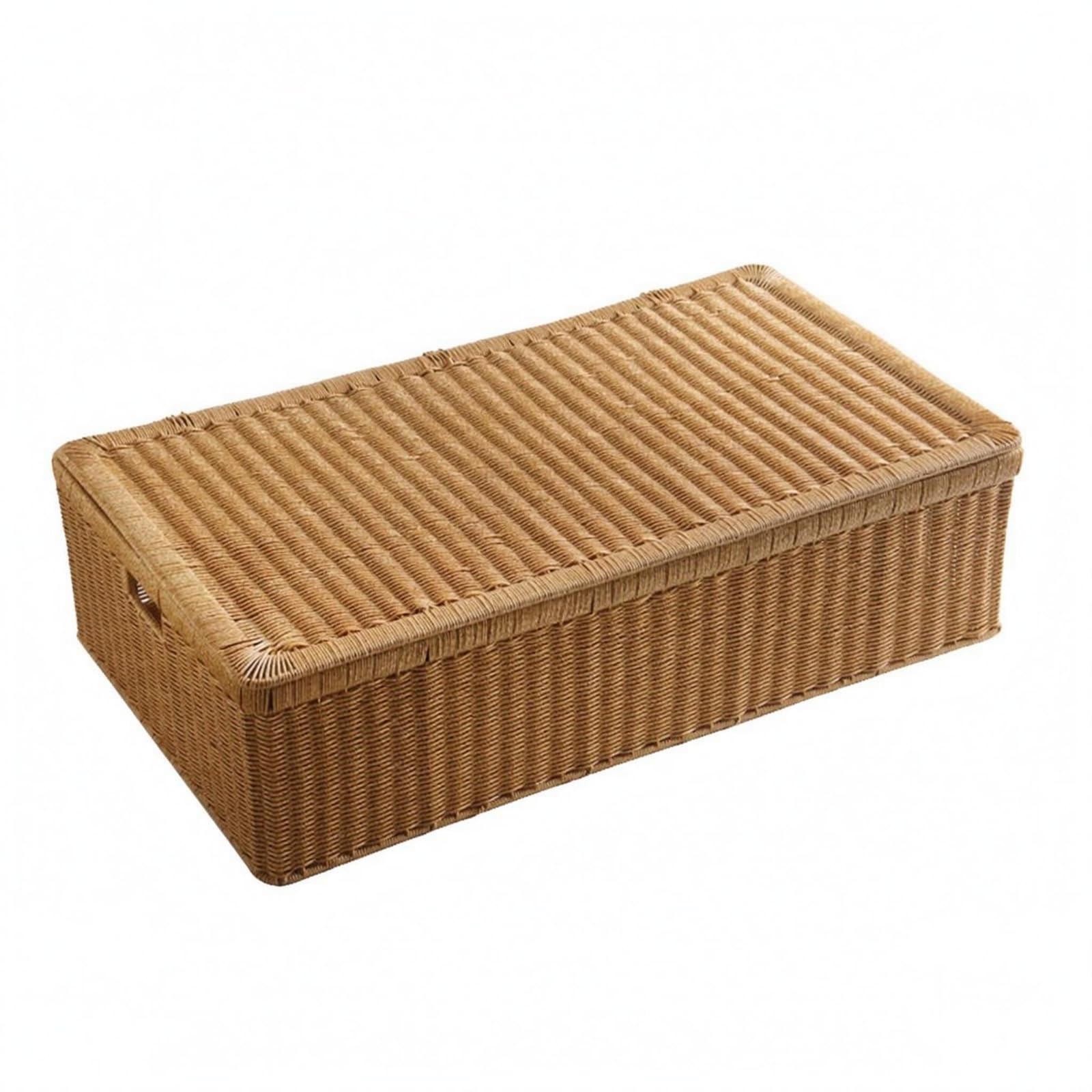 Organizer sotto Letto con Coperchio Intrecciato a Mano Scatola Portaoggetti Rattan Finto Struttura Rigida Contenitore Basso con Coperchio, 70x35x15.5 CM