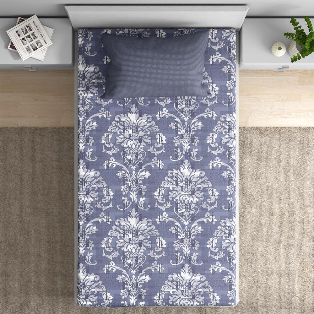 Wakefit Cotton Fitted Bedsheet | 200 TC Elastic Fitted Sheet, Single Bed Bedsheet Checkered with 1 Pillow Cover | Ross Blue - 72X36 Inches