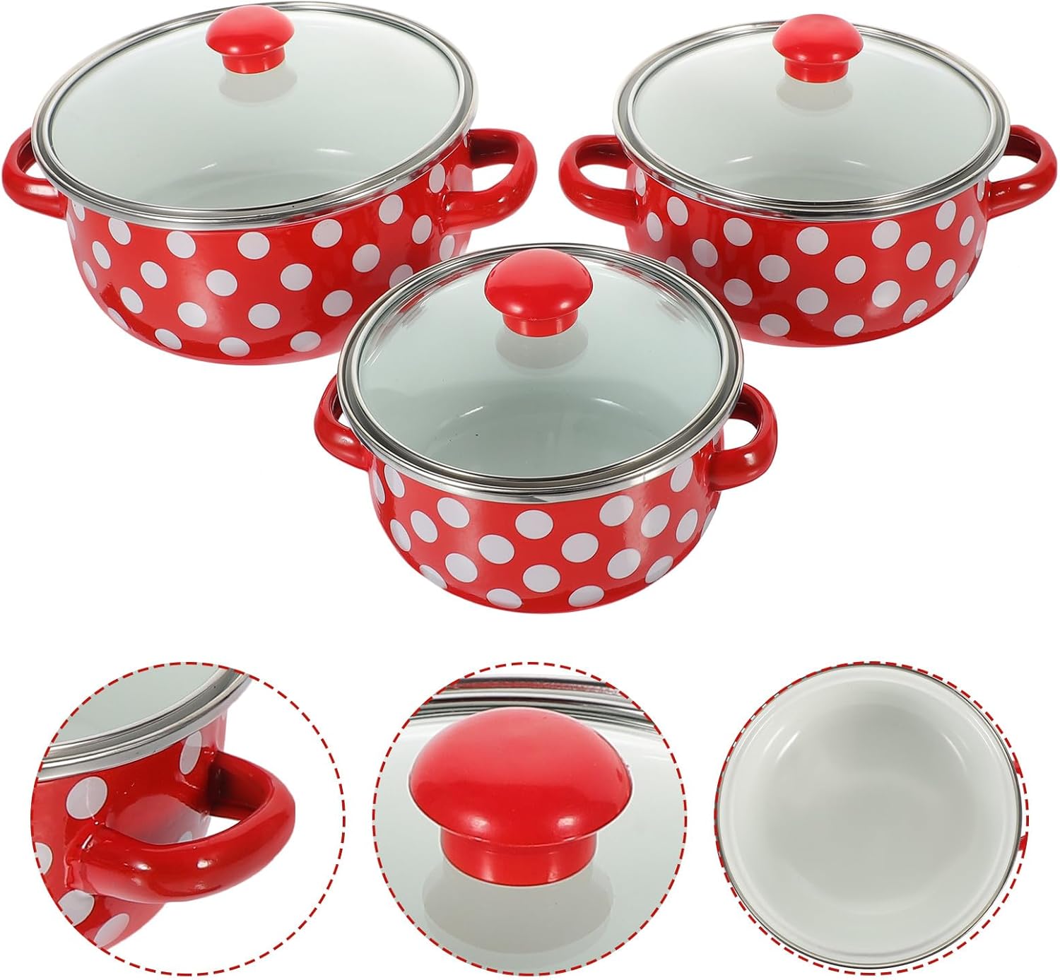 SUPVOX Enamel Saucepan Set with Handle, Mini Red Polka Dot Stockpots 12-14-16cm, Small Portable Cooking Pots for Stove Top, Vintage Soup and Stew Pan Trio