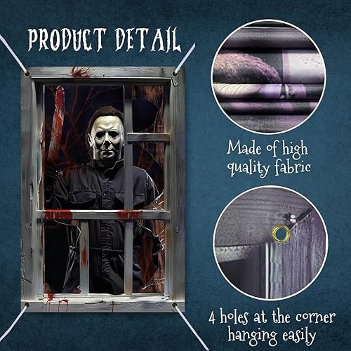 Miniatura 4 de Cortina espeluznante de tela de Halloween, póster de película de terror, decoración de puerta para casa encantada, calcomanías de miedo para