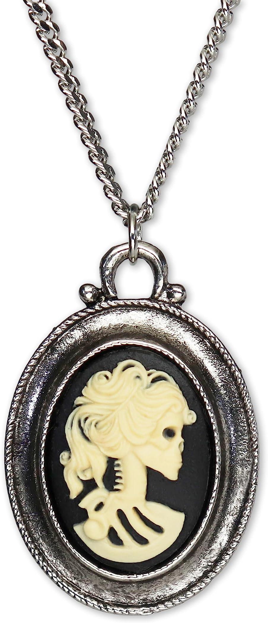 Gothic Lolita Skull Cameo Ivory on Black in Silver Finish Solid Frame Pendant Necklace