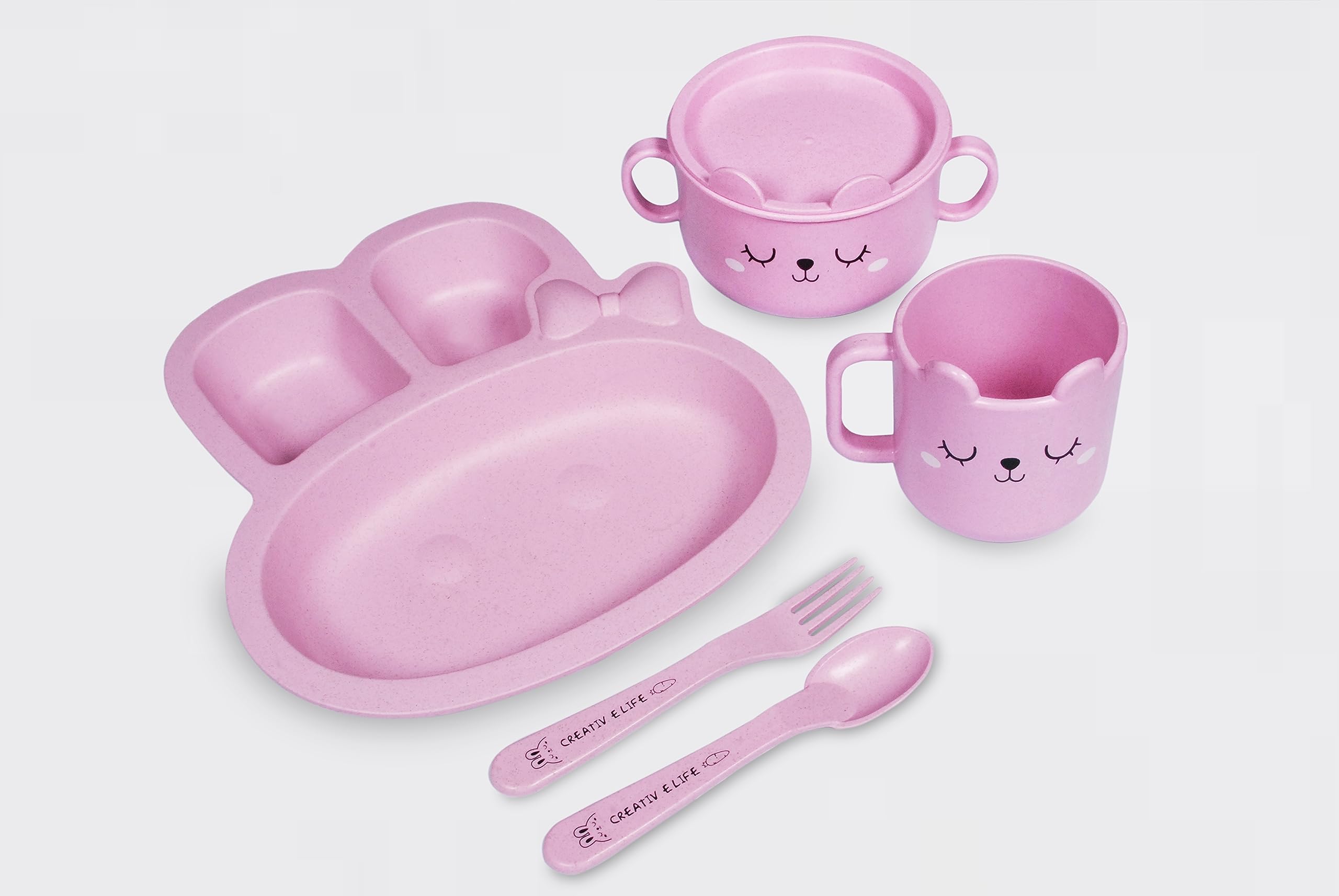 Cute baby plate set with a spoon and fork plus 2 tiny mugs bear style- total 5pcs - Wheat straw material (baby feeding set)