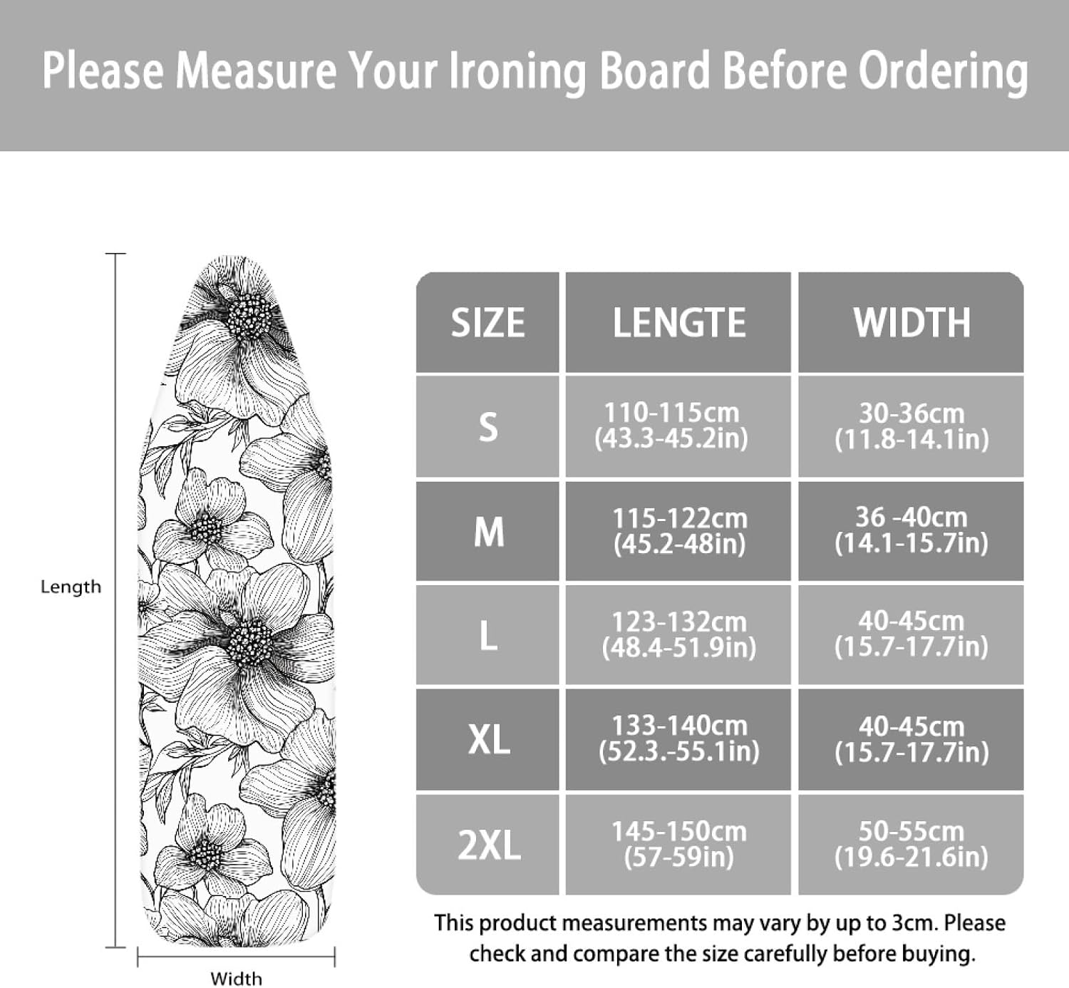 Padded Ironing Board Covers 18 X 49 Grey White Flower Ironing Board Pad and Cover Thick Replacement Drawstring Tightening & Lock, Easy Fit, Scorch & Stain Resistant, Non Slip