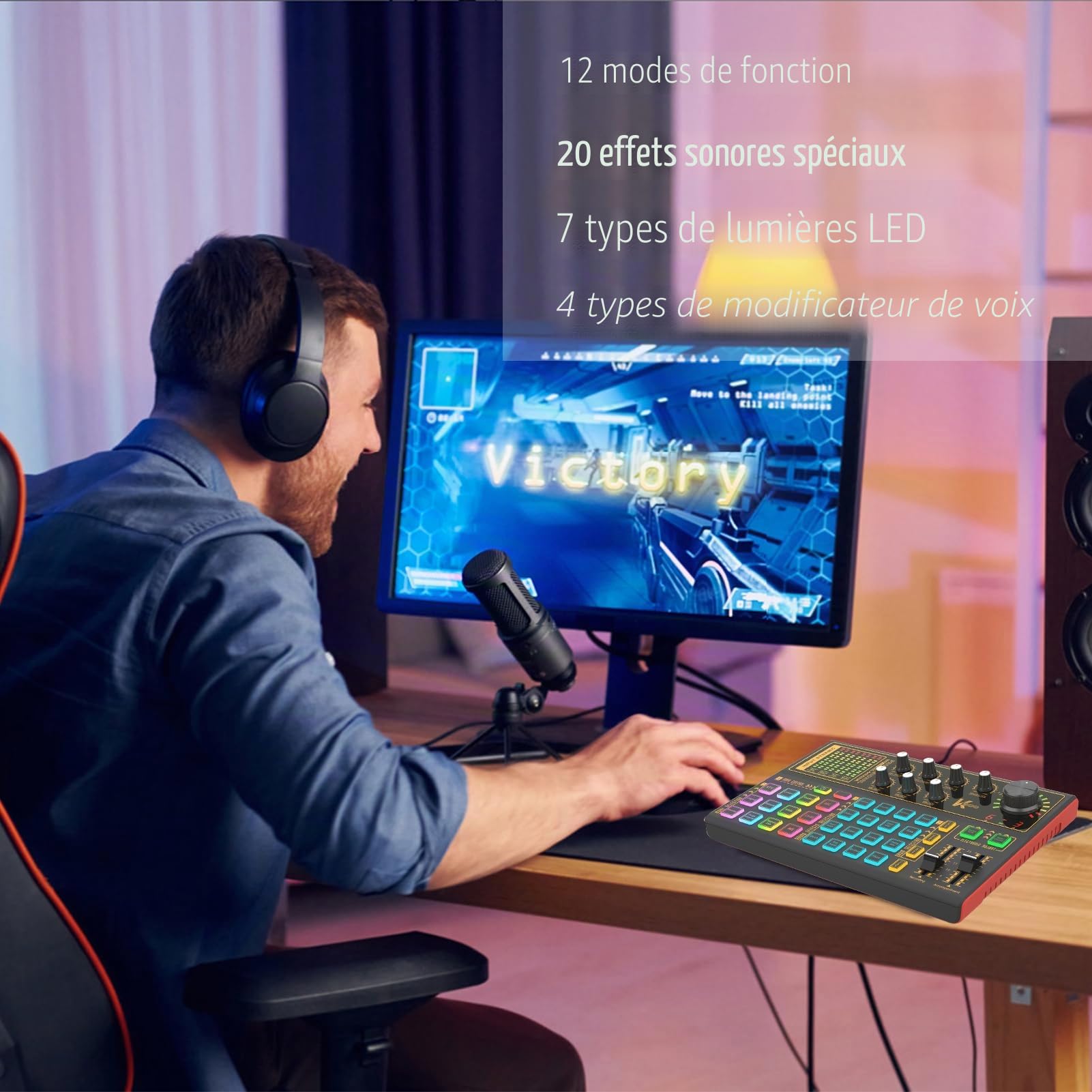 Docooler K300 Carte son en direct avec plusieurs effets de mixage DJ, modificateur de voix et lumière LED pour streaming, podcasting, enregistrement de jeu