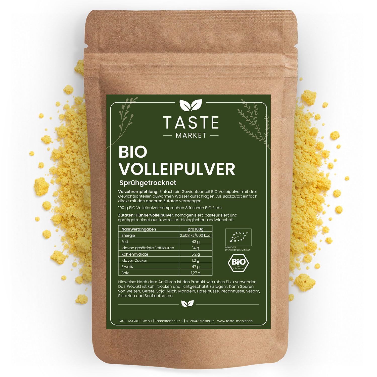 2 x 1 kg BIO Volleipulver | Rührei Kochen Backen | Ei Ersatz | Sprühgetrocknet | Vollei | TASTE MARKET