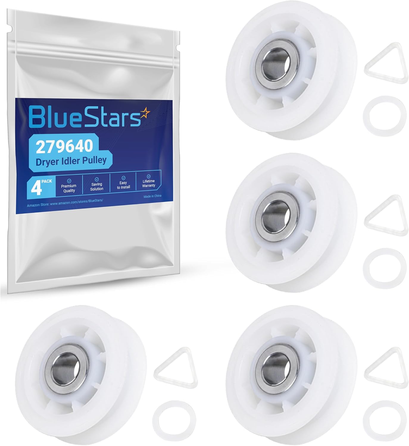 BlueStars 279640 Dryer Idler Pulley Replacement - Compatible with Whirlpool Kenmore Maytag Dryers - Replaces 3388672 697692 AP3094197 W10468057 - Pack of 4