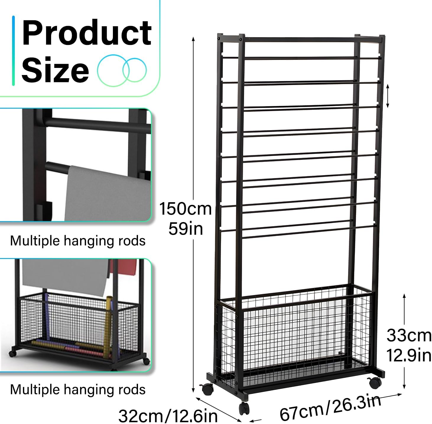 Metal Ribbon Storage Shelf Organizer with Wheels, Double-Sided Towel and Scarf Holder Rack for Craft Room