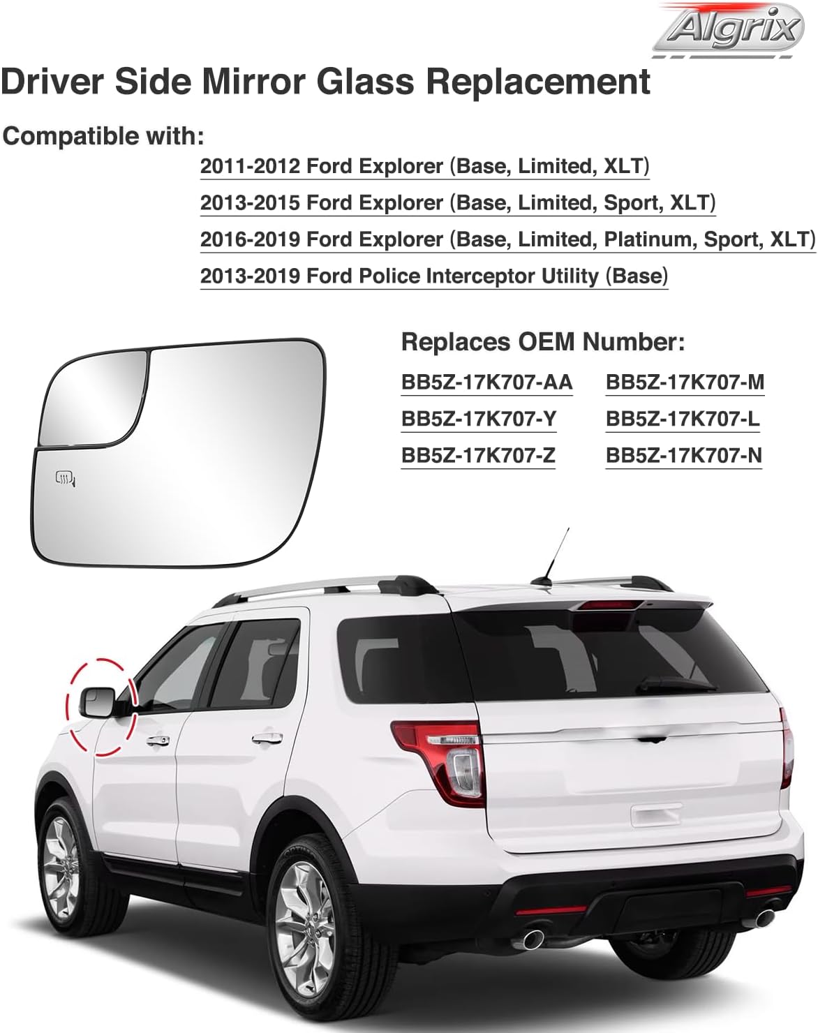 Driver Side Mirror Glass Replacement for Ford Explorer 2011 2012 2013 2014 2015 2016 2017 2018 2019, Heated Exterior Left Chrome Mirror with Backing Plate, Replaces BB5Z17K707M