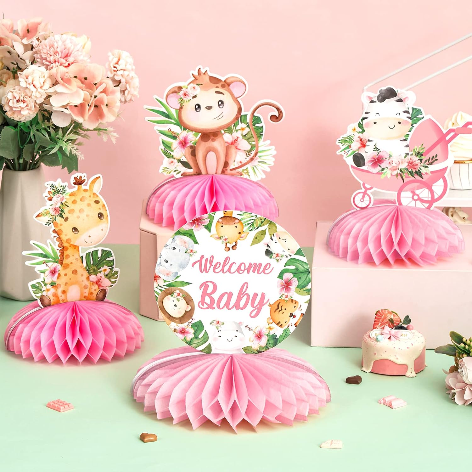 Jungle Safari Baby Shower Decorations for Girl, Jungle Animals Honeycomb Centerpieces, Pink Jungle Animal Theme It’s a Girl Welcome Baby Honeycomb for Jungle Theme Baby Shower Decorations
