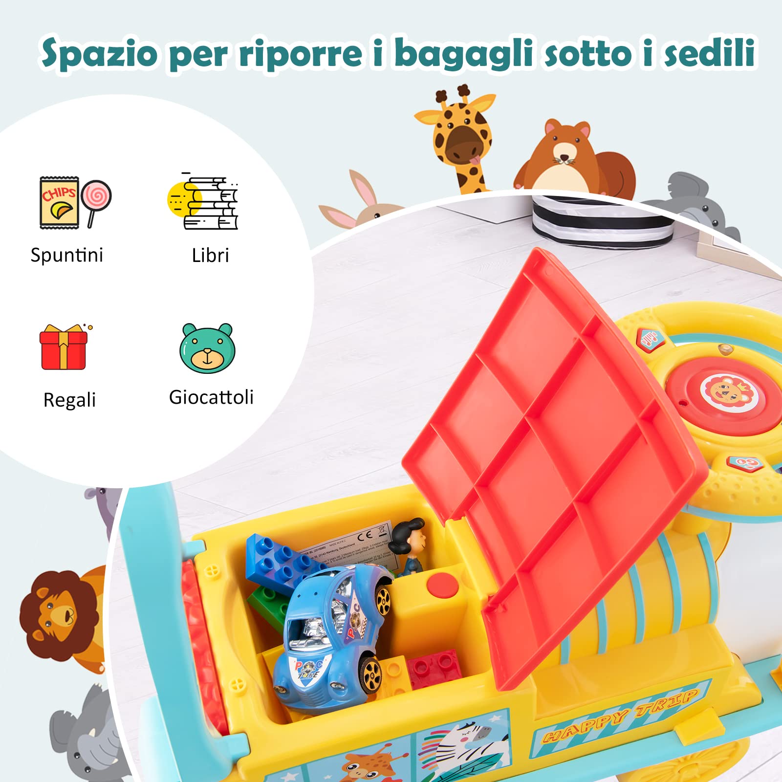 GYMAX Treno Elettrico per Bambini, Trenino Giocattolo con Set di Rotaie da 16 Pezzi, Luce, Musica, Fischio del Treno e Spazio di Archiviazione, per Bambini da 3 Anni, Carico Massimo 25 kg (Blu)