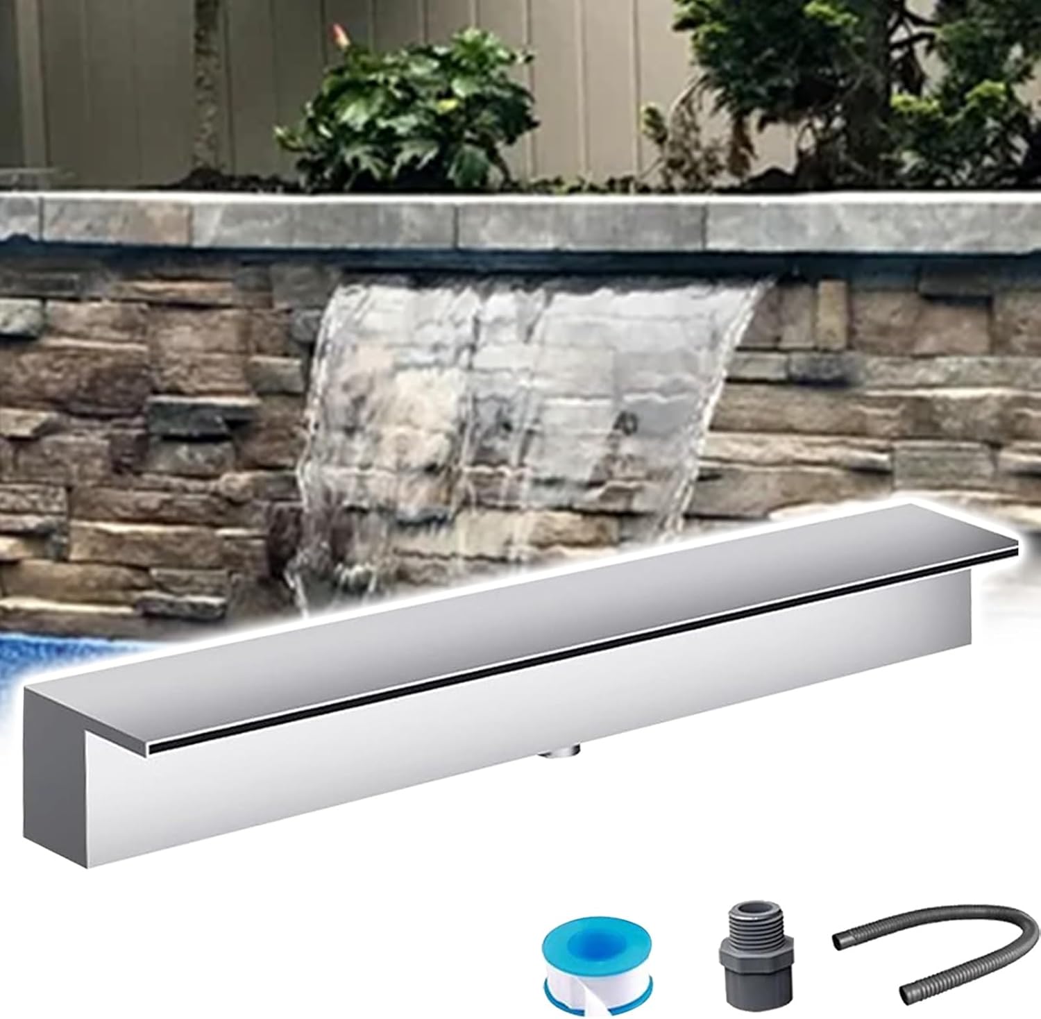 Customizable Stainless Steel Spillway for Outdoor Waterfalls, 50" Flush-Mounted Fountain for Ponds & Water Features - Durable Silver Finish, Perfect for Commercial Use