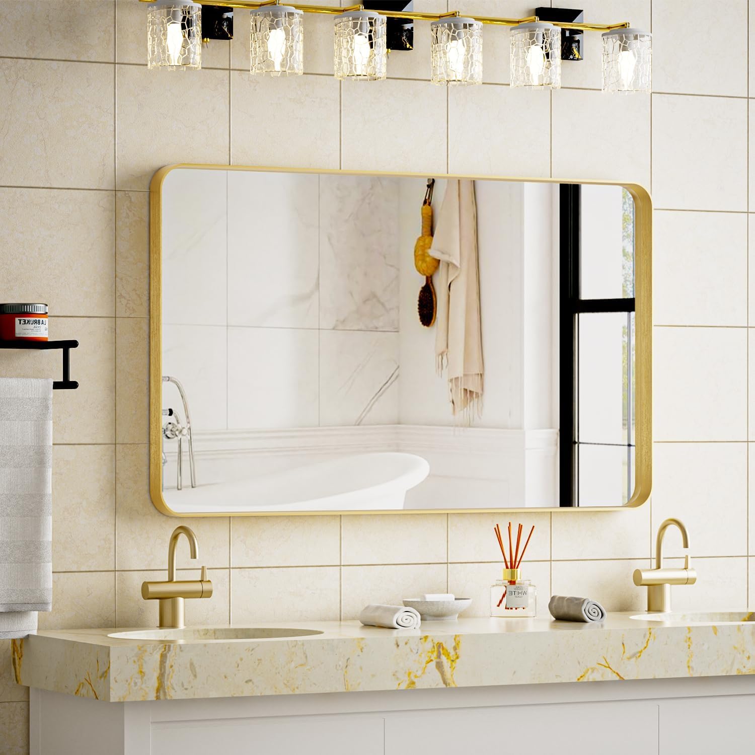 VooBang Bathroom Mirror 24x32 inch, Gold Gorgeous Deep Frame Wall Mirror, Modern Round Corner Bathroom Vanity Mirror for Bedroom, Living Room, Hanging or Leaning Horizontal or Vertical, Gold