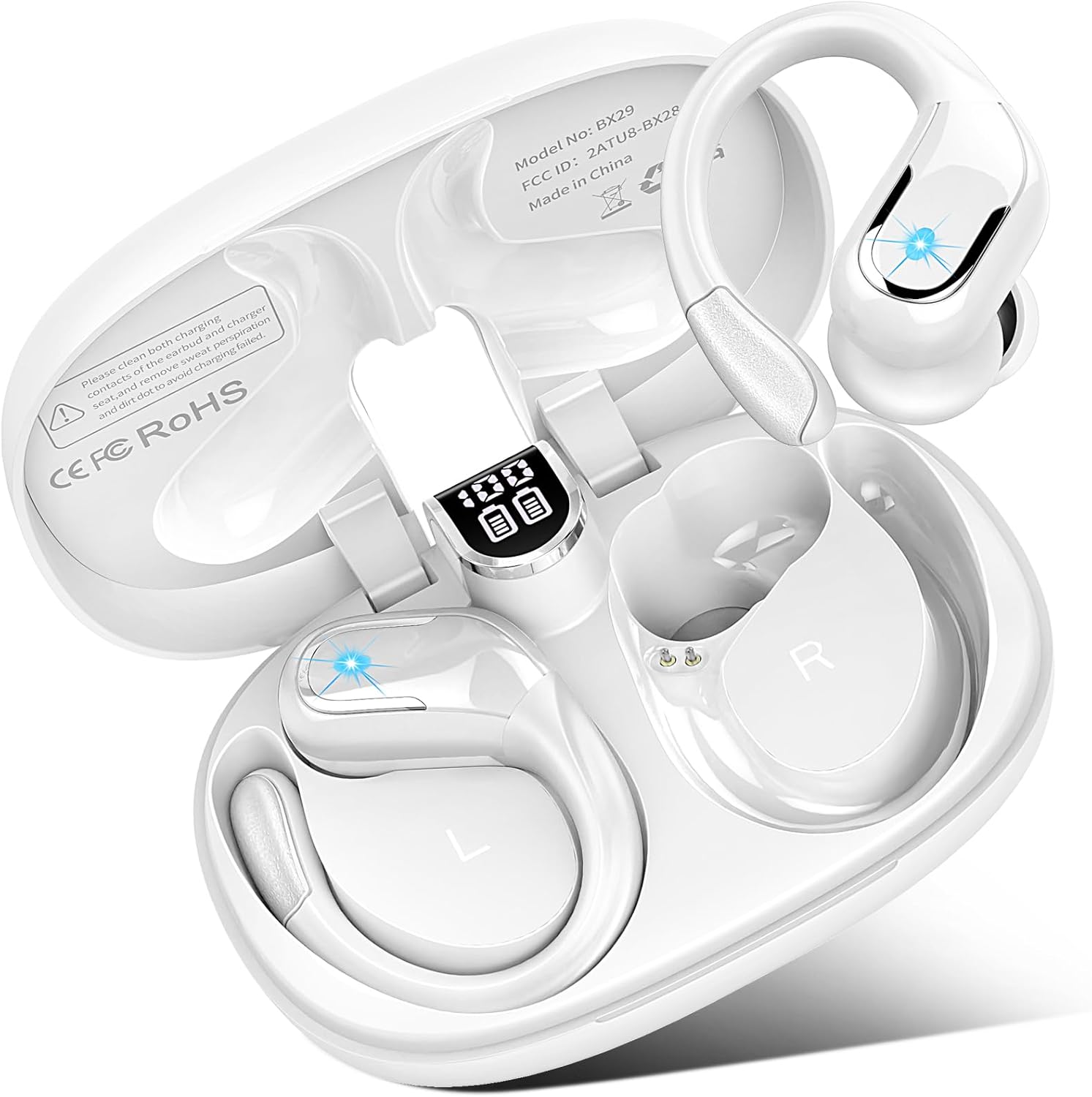 Wireless Earbuds, Bluetooth 5.4 Headphones Sport, 75H Hi-Fi Stereo Wireless Earphones with 4 ENC Noise Canceling Mic, IPX8 Waterproof Over Ear Buds with Earhooks, LED Display Bluetooth Earbuds, White