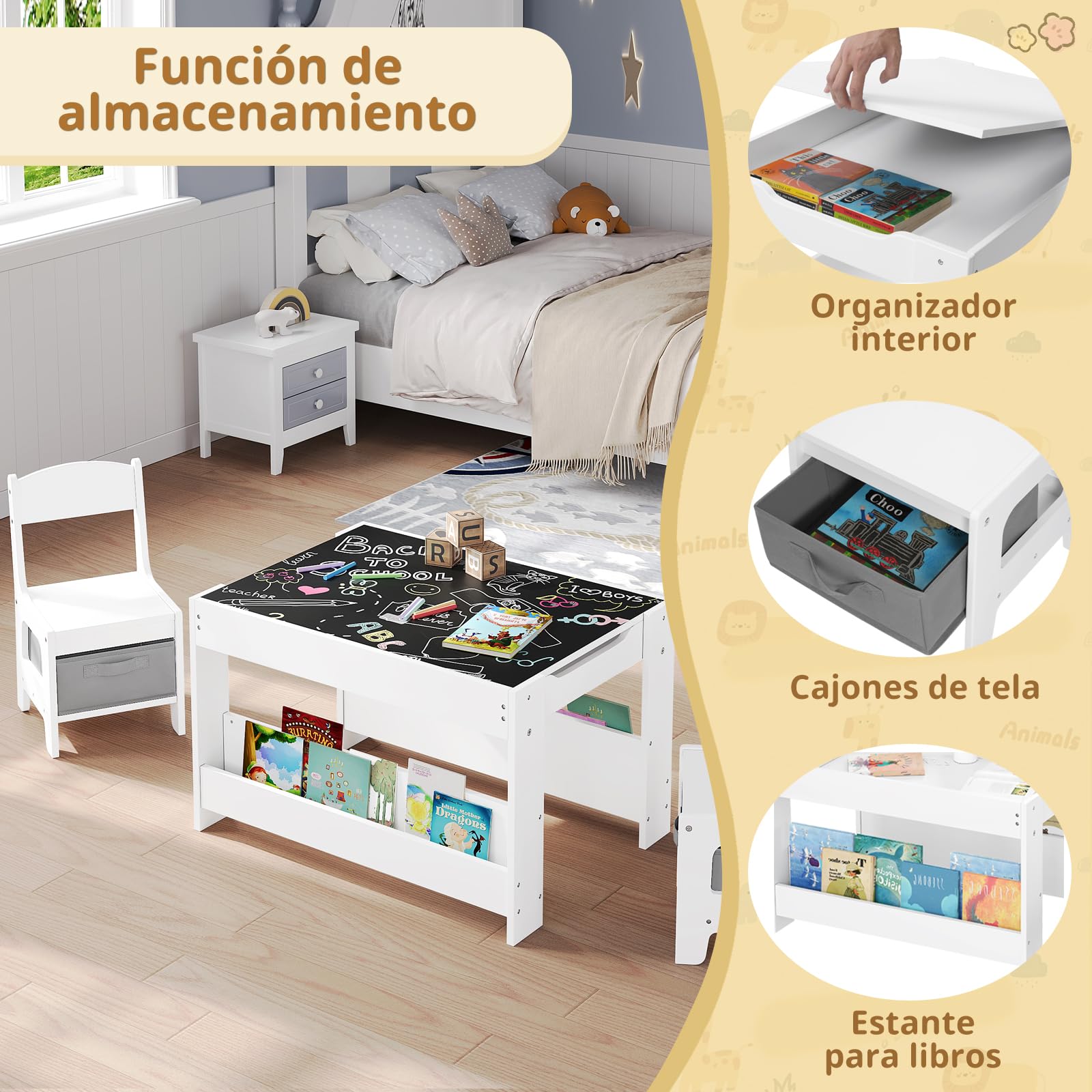 Lestarain Juego de Mesa y Sillas Infantiles, Mesa con Pizarra y 2 Sillas para Niños de Caja Almacenaje, Encimera Reversible, Mueble Infantil para Guardería y Habitación Infantil, Blanco