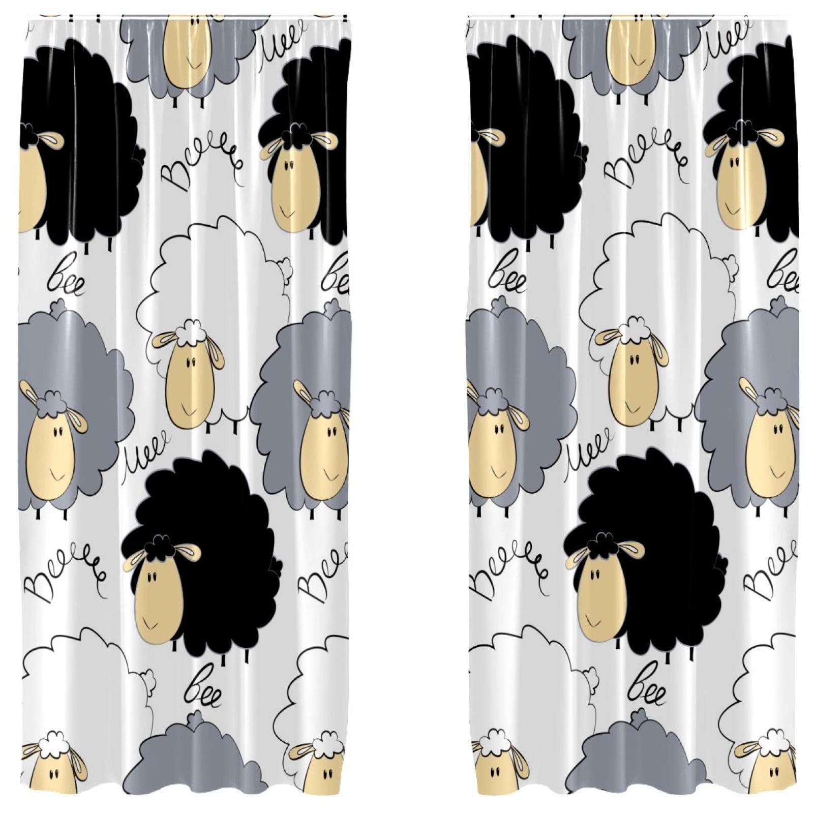Juego de 2 cortinas de panel decorativas con estampado de oveja en tonos negro, blanco y gris
