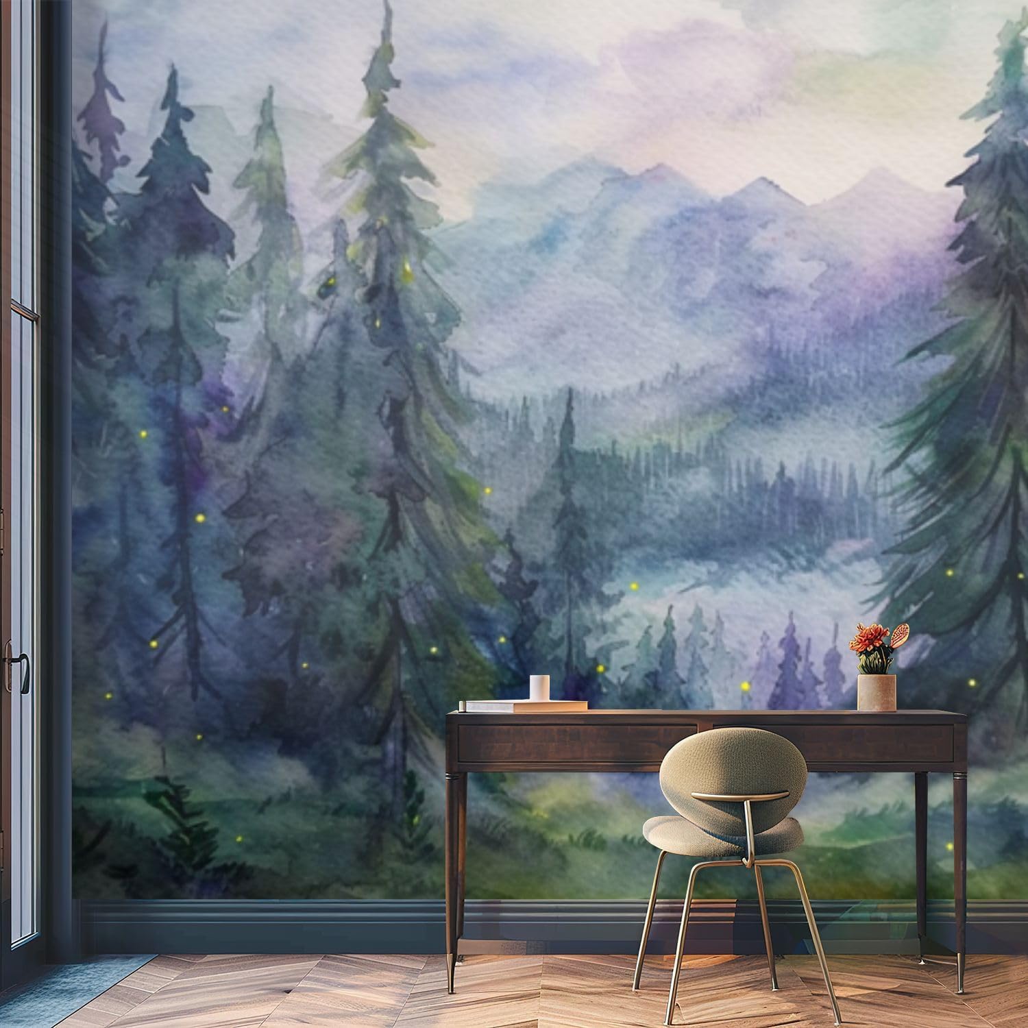 Wall Mural Mystical Forest Purple Blue Green Hues Self Adhesive Wallpaper Peel & Stick Wall Decal Sticker Poster Home Decor for Bedroom Living Room Bathroom 100"x144"