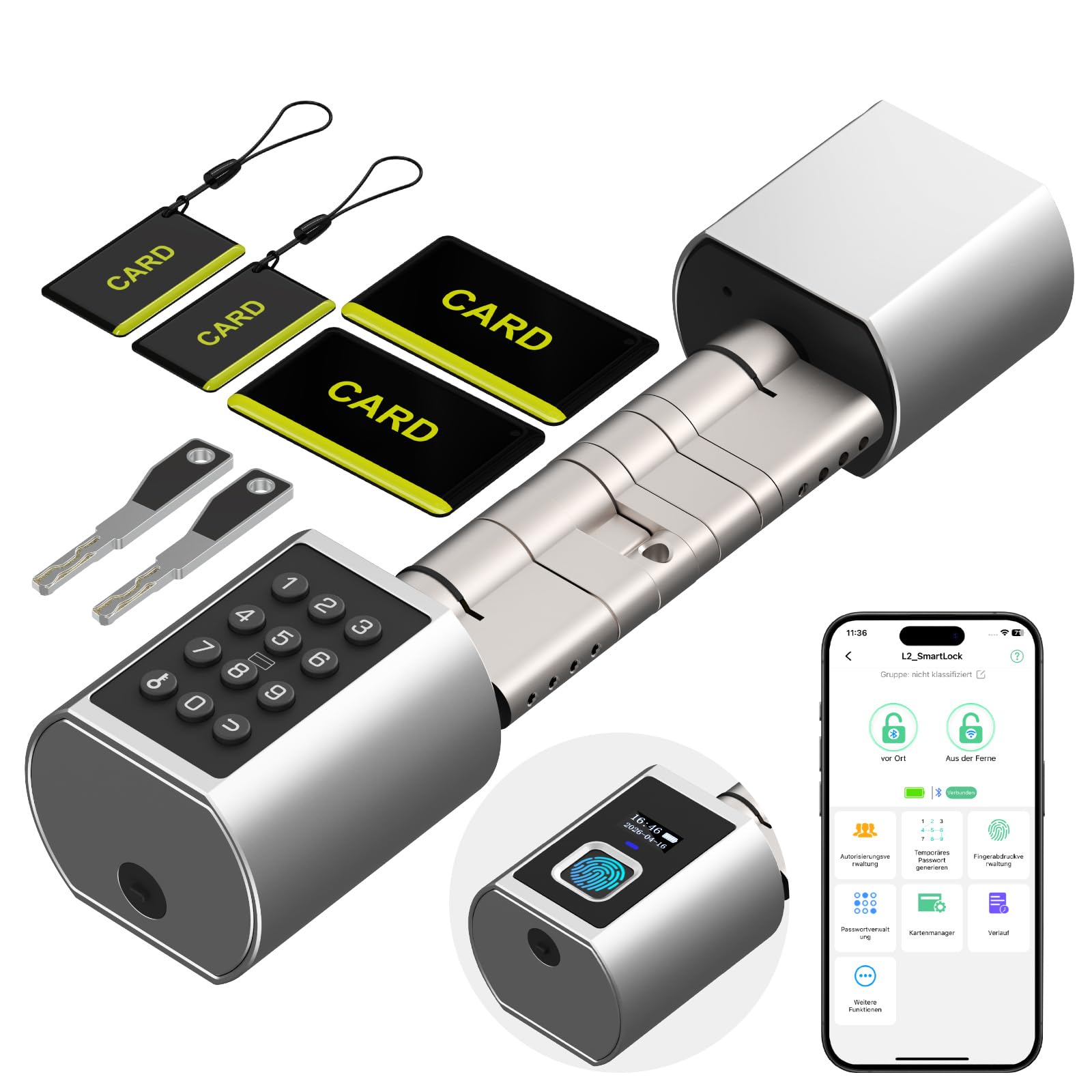 Cylindre de porte électronique eLinkSmart empreintes digitales, PIN, application, RFID/NFC et clé, passerelle Wi-Fi incluse, réglable de 60 à 140 mm, sans perçage, étanche IP65, clé temporelle Airbnb