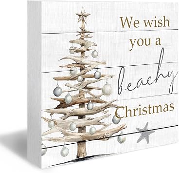 We Wish You A Beachy Christmas Wood Box Sign, Starfish Beach Desk Shelf Decor, Coastal Christmas Decor, Xmas Coastal Holiday Wooden Block Plaque Box Sign for Home Office Table Decorations