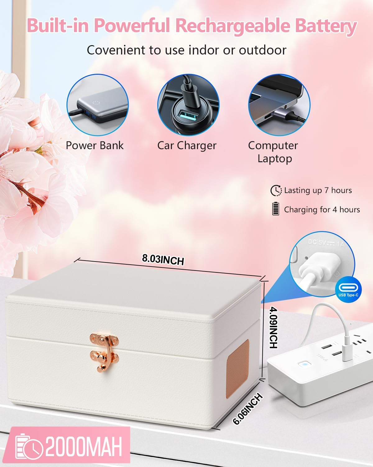 Vintage Desktop CD Player with Speakers, Rechargeable Battery, Portable Retro Suitcase CD Player for Home with Bluetooth Out & Input, USB Playback, AUX-in, Headphone Jack, White