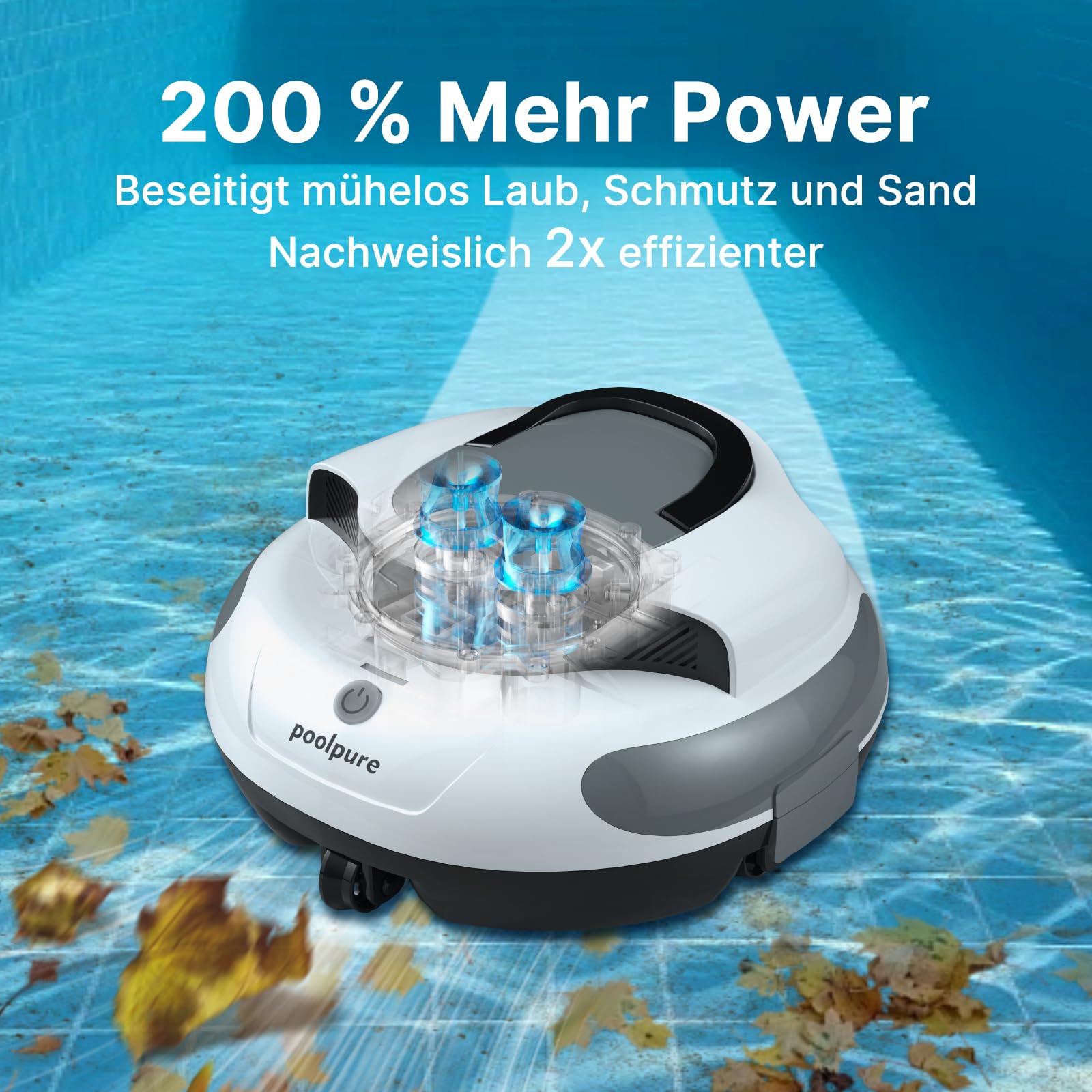 POOLPURE Akku Poolroboter 2026 – Kabelloser Poolsauger mit 100 Min Laufzeit, Automatischer Poolreiniger für Flache Aufstellbecken bis 90m², Dual Hall-Sensoren, 5000mAh, IPX8