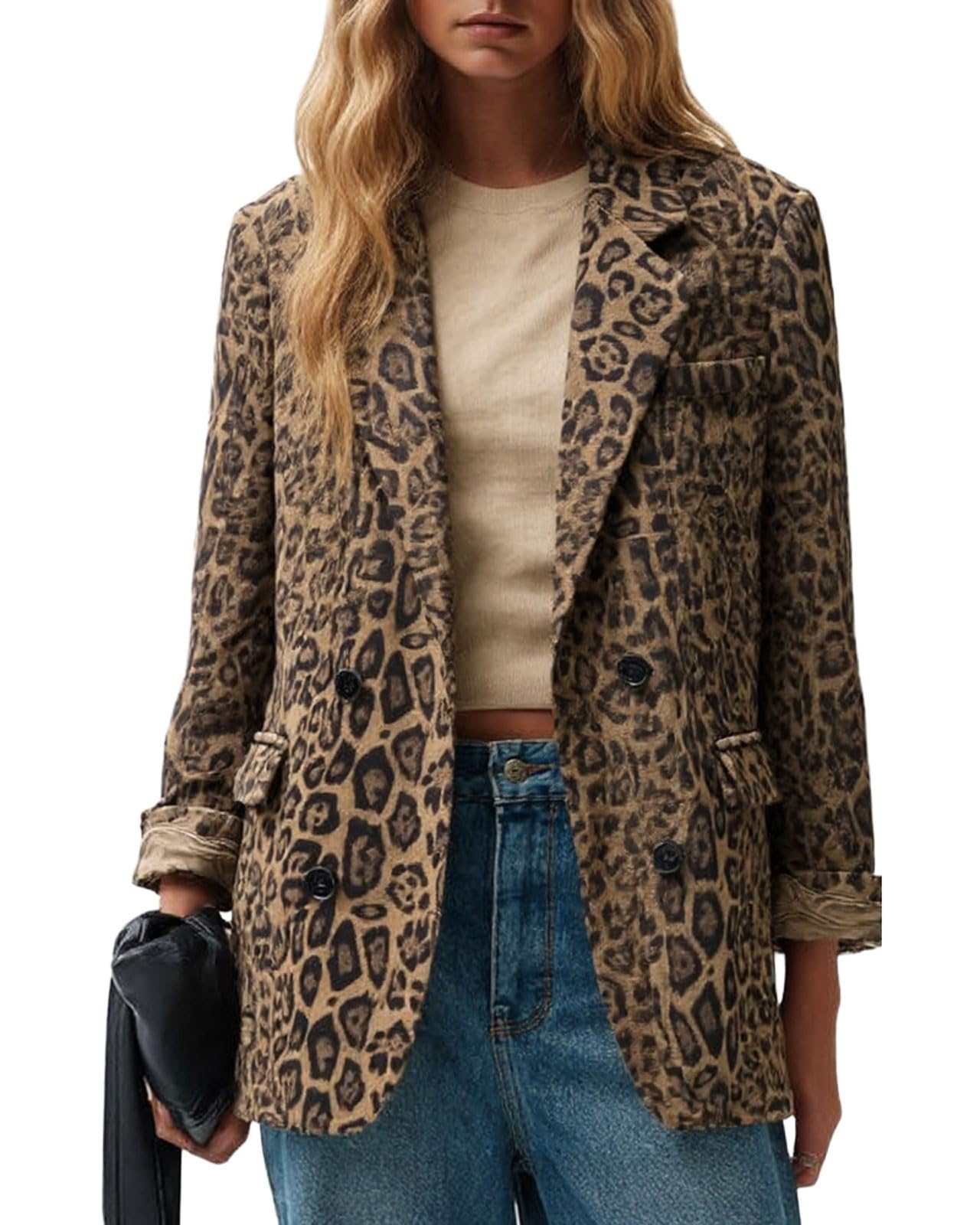CHARTOU Womens Notch Lapel Leopard Suede Blazer Jacket Double Breasted Cheetah Dressy Casual Work Short Coat