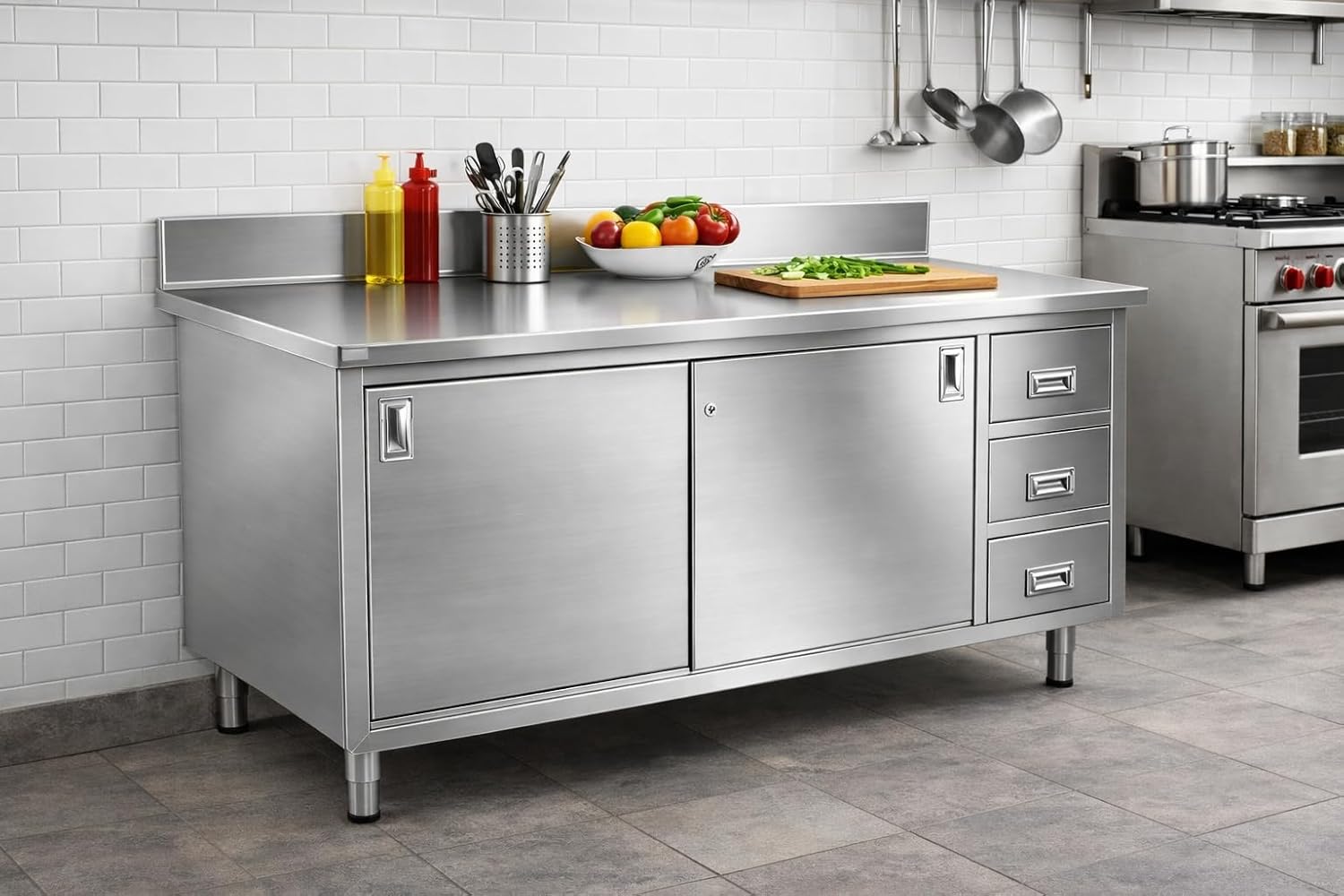 Stainless Steel Enclosed Base Table, 72 x 30 Inch, Type 304, 16 Gauge, with Sliding Doors, Drawers, 6 Inch Backsplash, NSF Listed